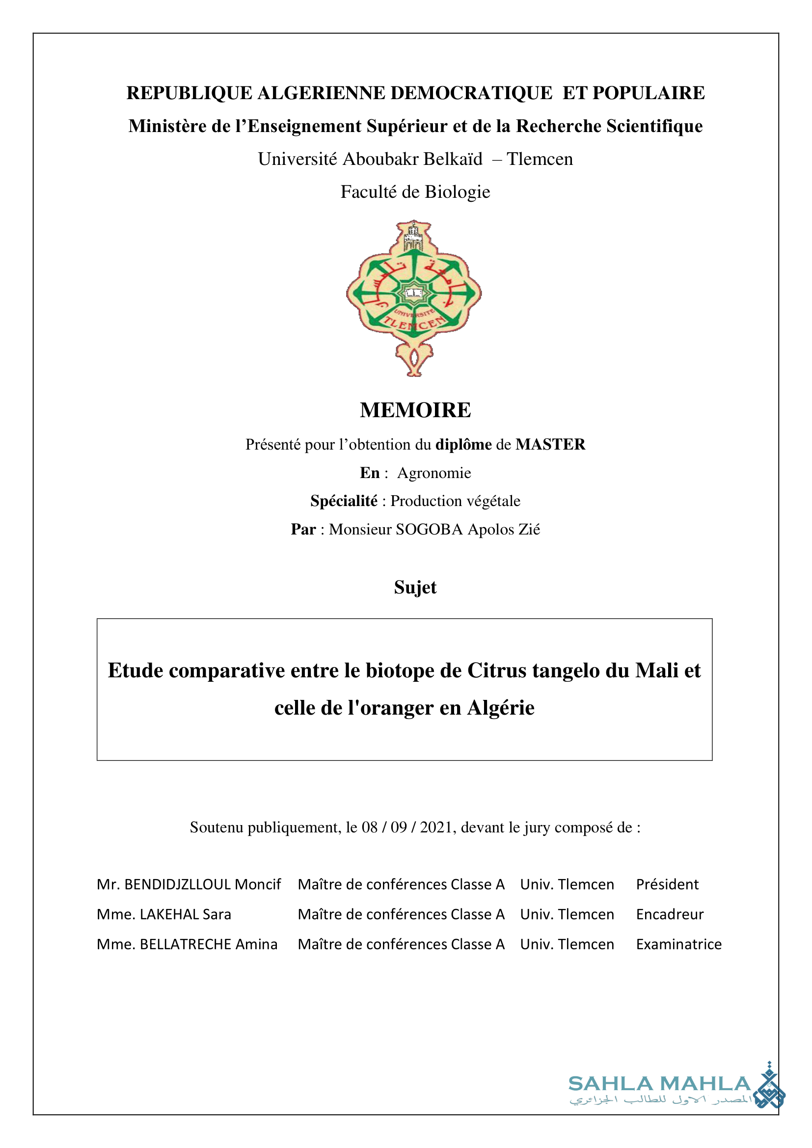Etude comparative entre le biotope de Citrus tangelo du Mali et celle de l'oranger en Algérie