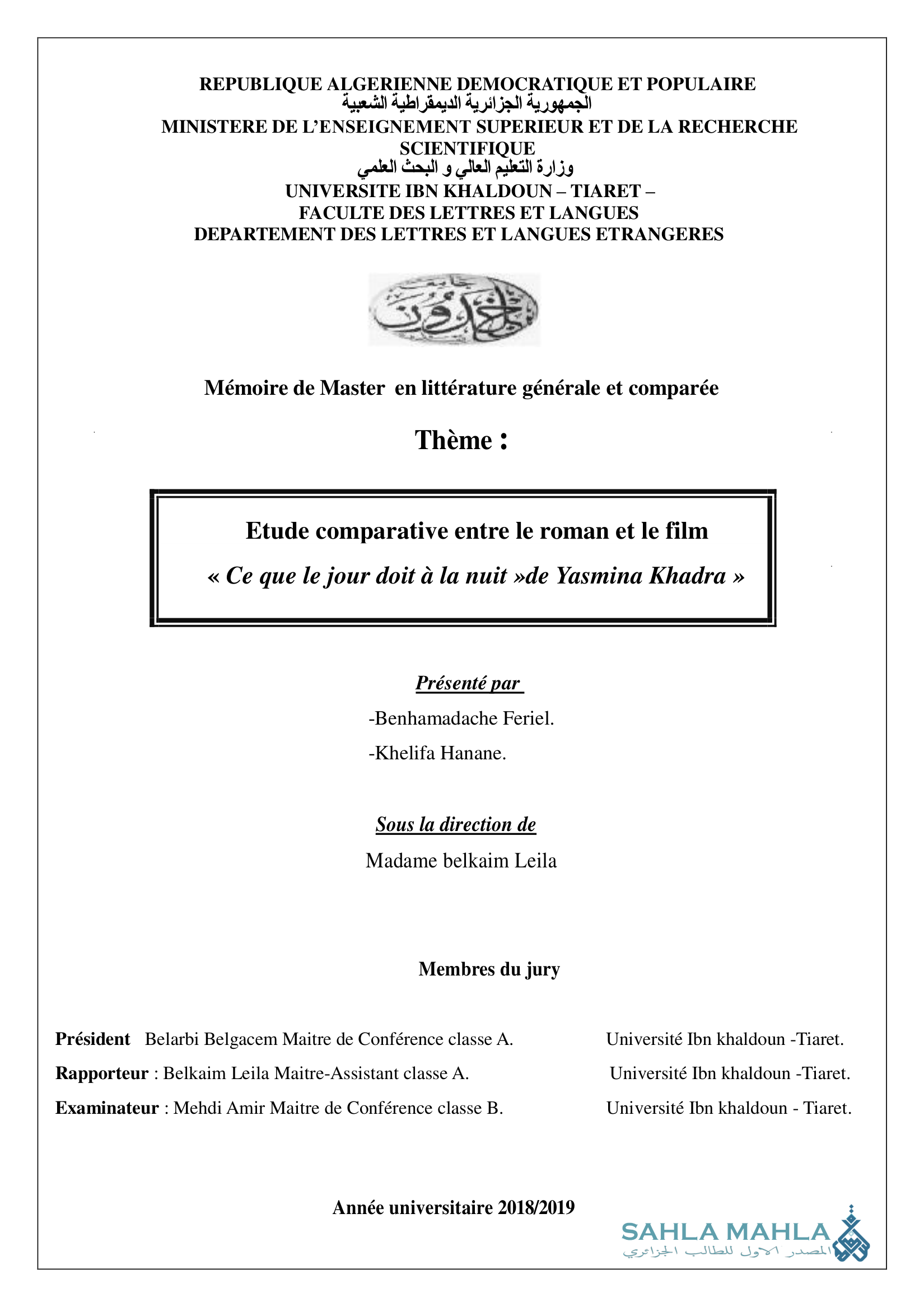 Etude comparative entre le roman et le film « Ce que le jour doit à la nuit » de Yasmina Khadra