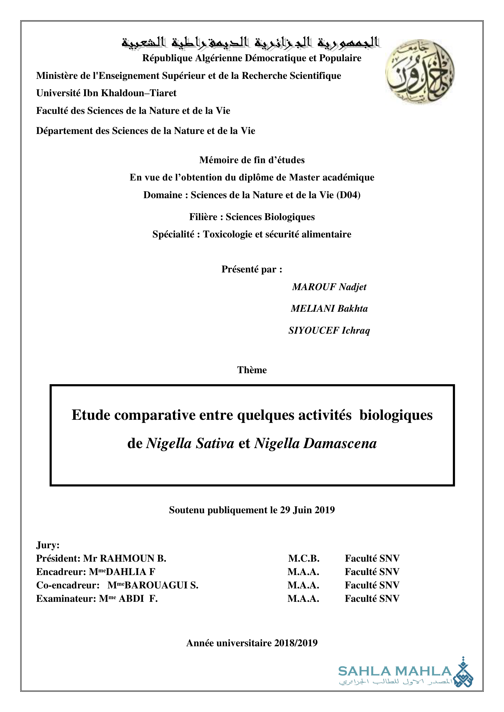 Etude comparative entre quelques activités biologiques de Nigella Sativa et Nigella Damascena