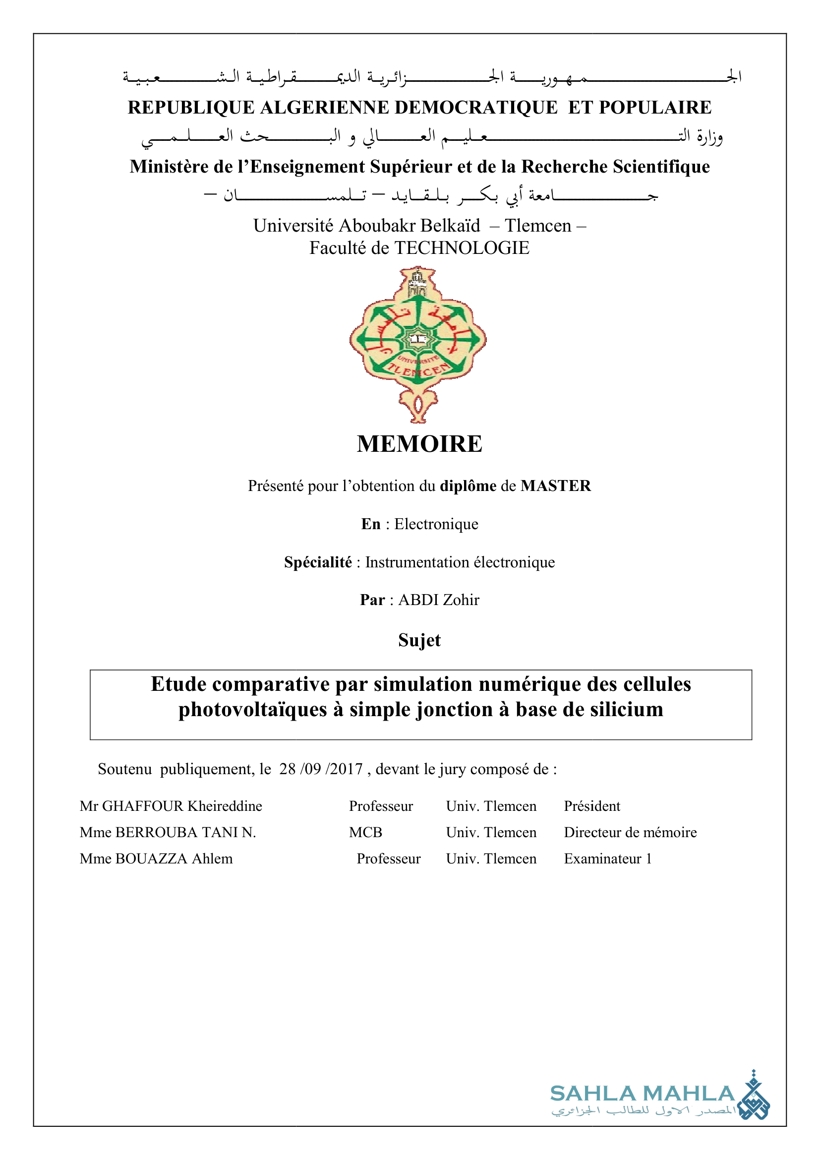 Etude comparative par simulation numérique des cellules photovoltaïques à simple jonction à base de silicium