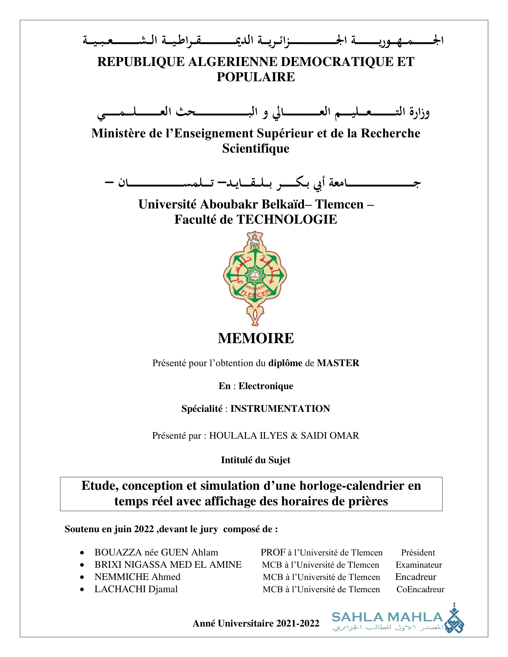 Etude, conception et simulation d'une horloge-calendrier en temps réel avec affichage des horaires de prières