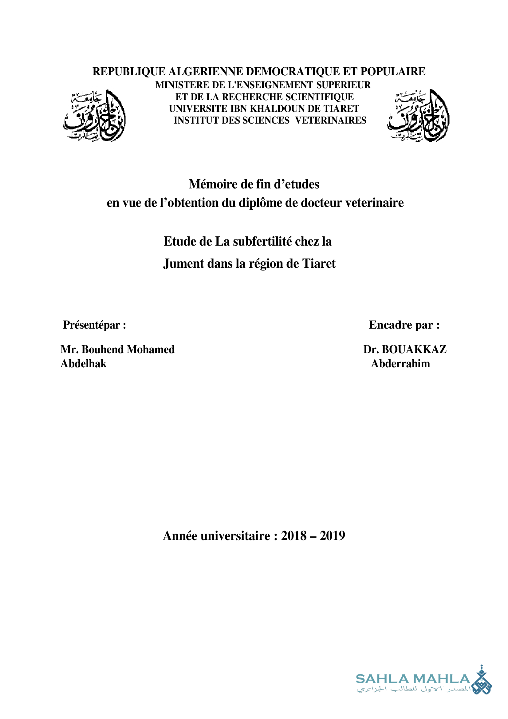 Etude de La subfertilité chez la Jument dans la région de Tiaret