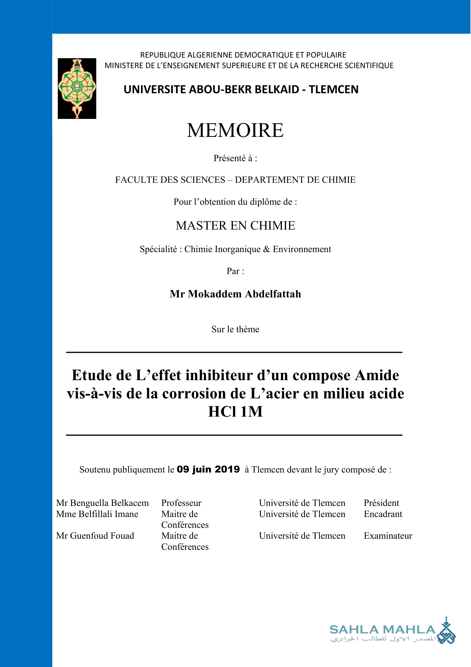Etude de L'effet inhibiteur d'un compose Amide vis-à-vis de la corrosion de L'acier en milieu acide HCI 1M
