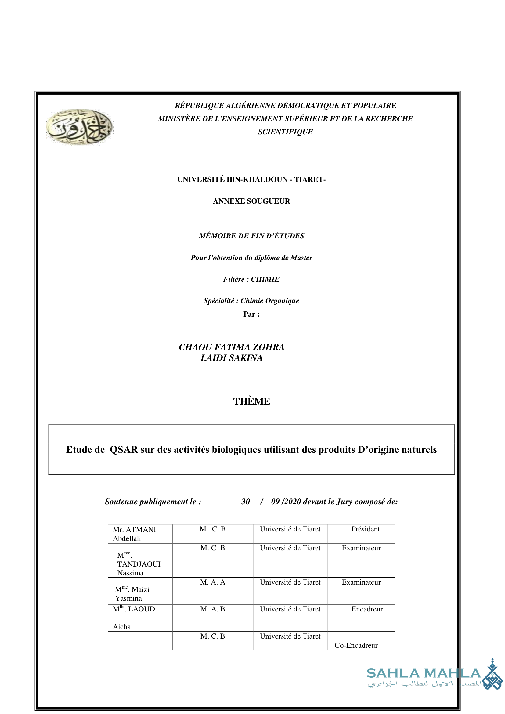 Etude de QSAR sur des activités biologiques utilisant des produits D'origine naturels