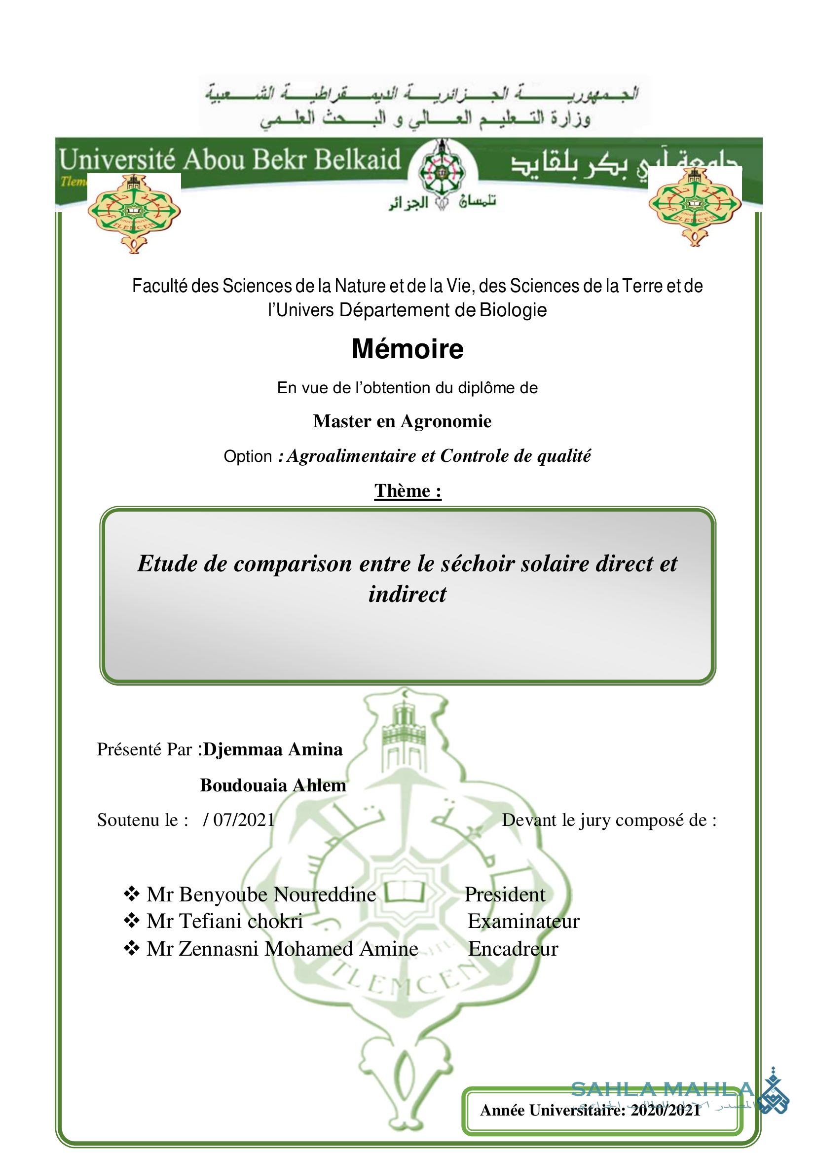 Etude de comparison entre le séchoir solaire direct et indirect
