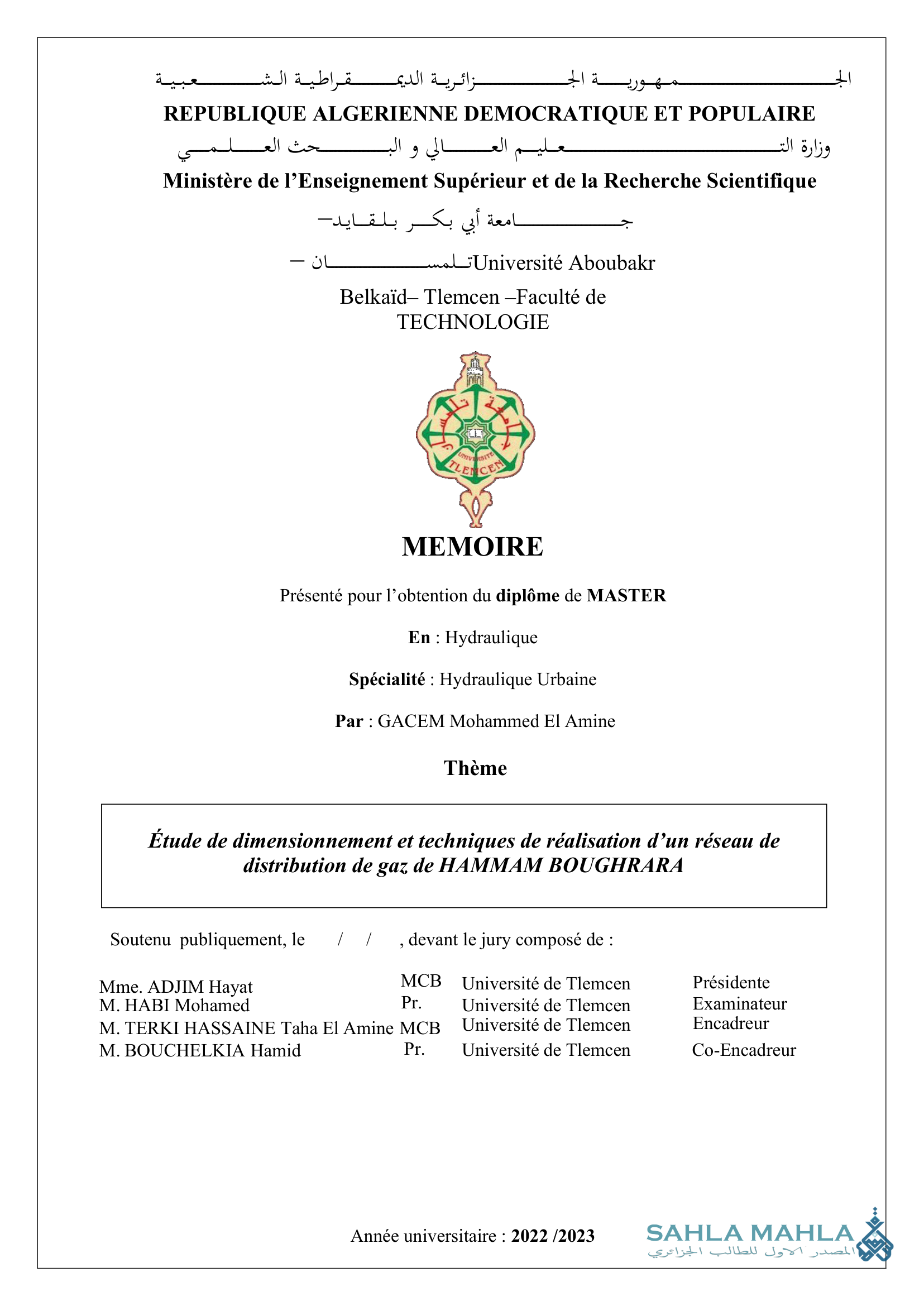 Étude de dimensionnement et techniques de réalisation d'un réseau de distribution de gaz de HAMMAM BOUGHRARA