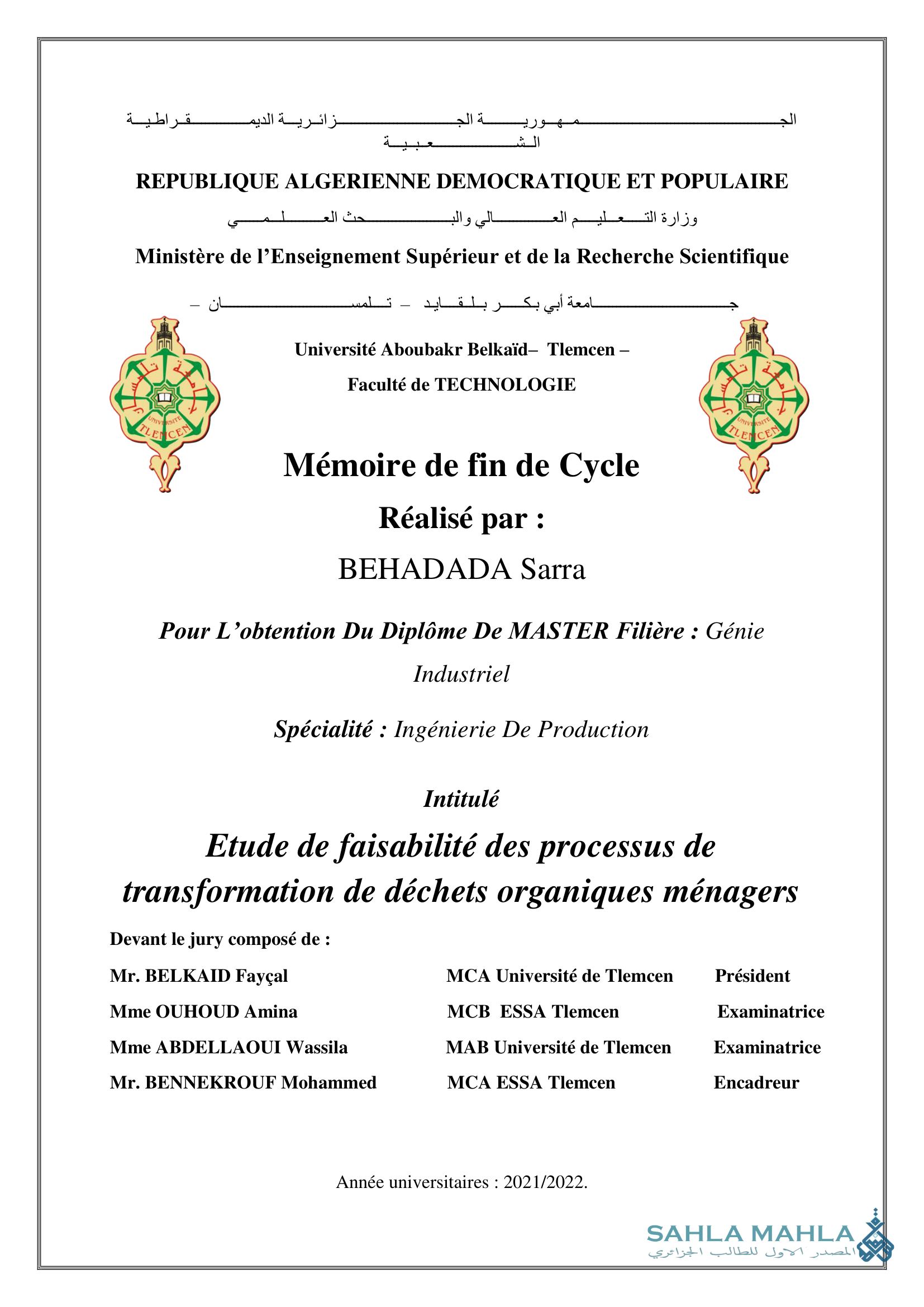 Etude de faisabilité des processus de transformation de déchets organiques ménagers