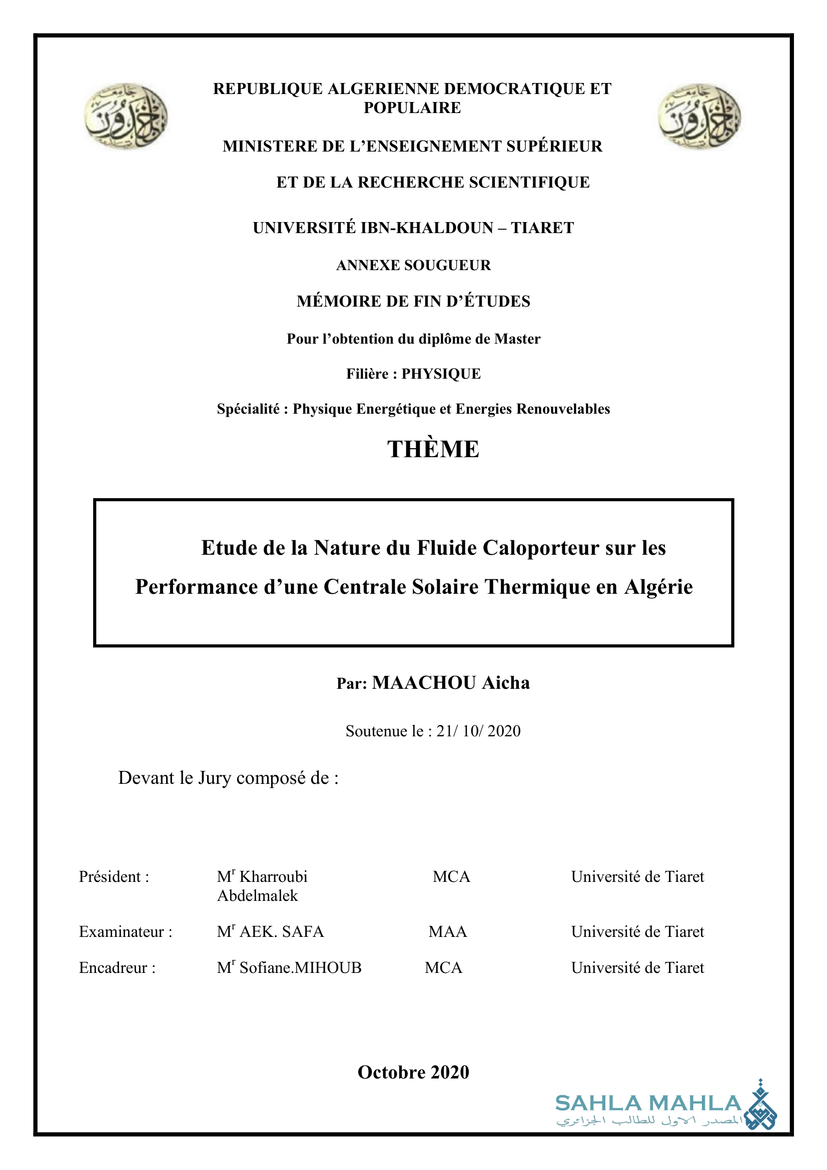 Etude de la Nature du Fluide Caloporteur sur les Performance d'une Centrale Solaire Thermique en Algérie
