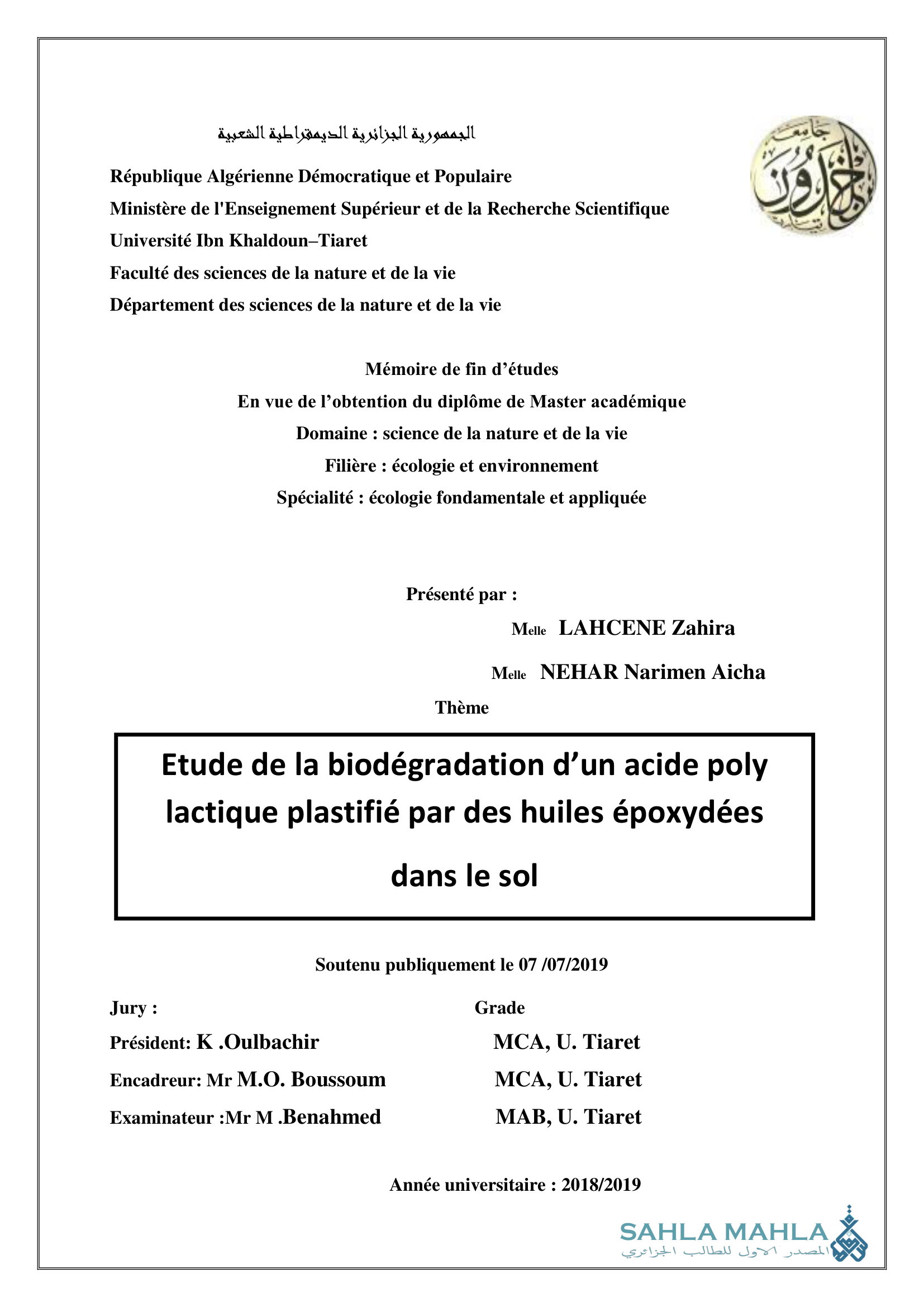 Etude de la biodégradation d'un acide poly lactique plastifié par des huiles époxydées dans le sol