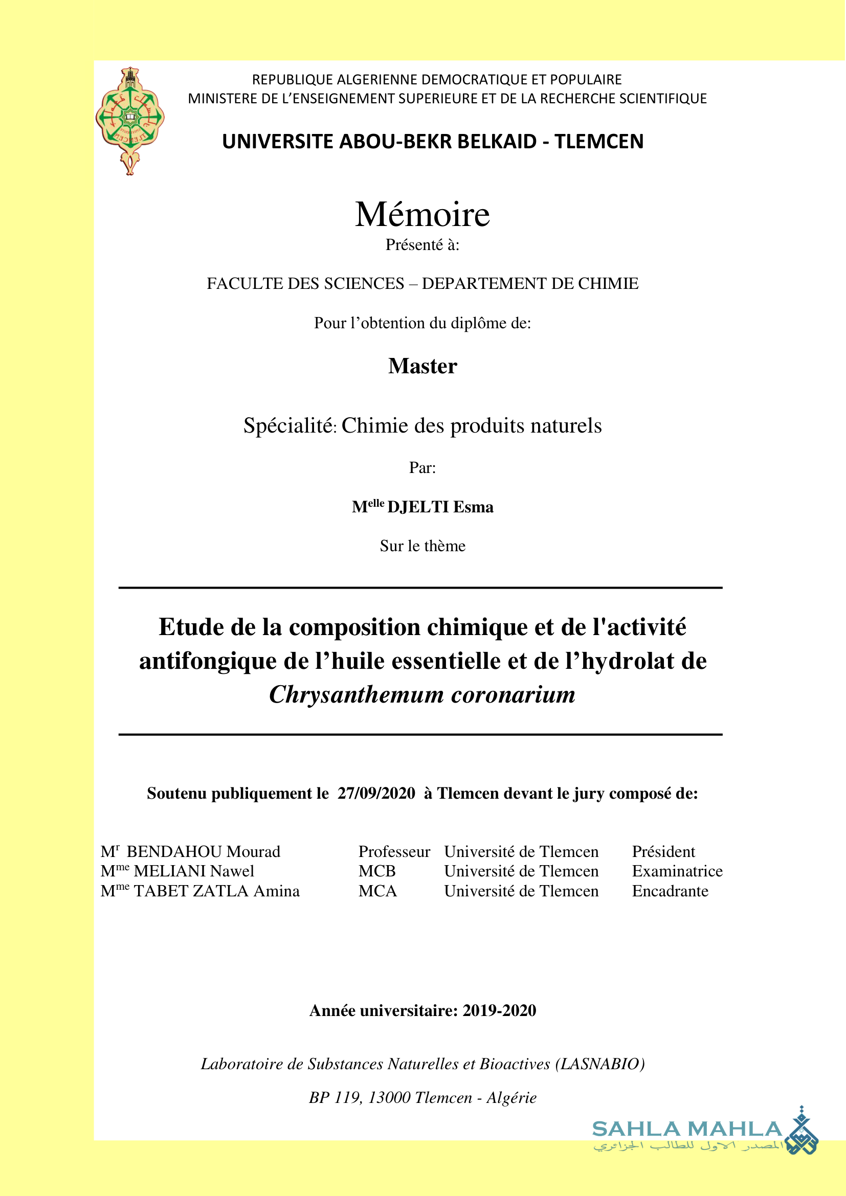 Etude de la composition chimique et de l'activité antifongique de l'huile essentielle et de l'hydrolat de Chrysanthemum coronarium