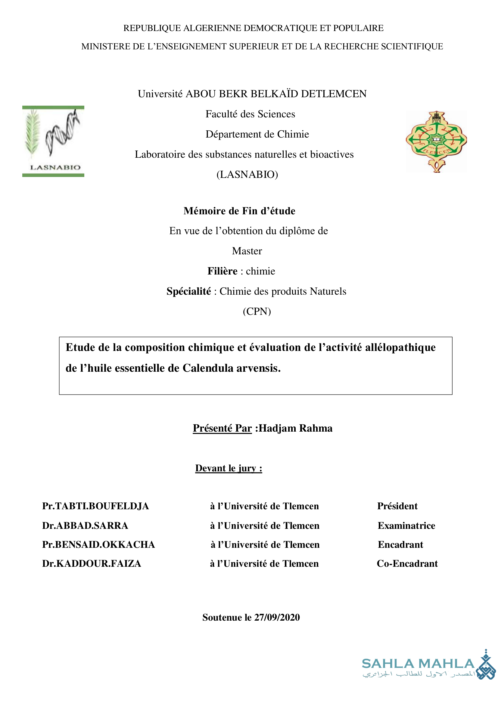 Etude de la composition chimique et évaluation de l'activité allélopathique de l'huile essentielle de Calendula arvensis.