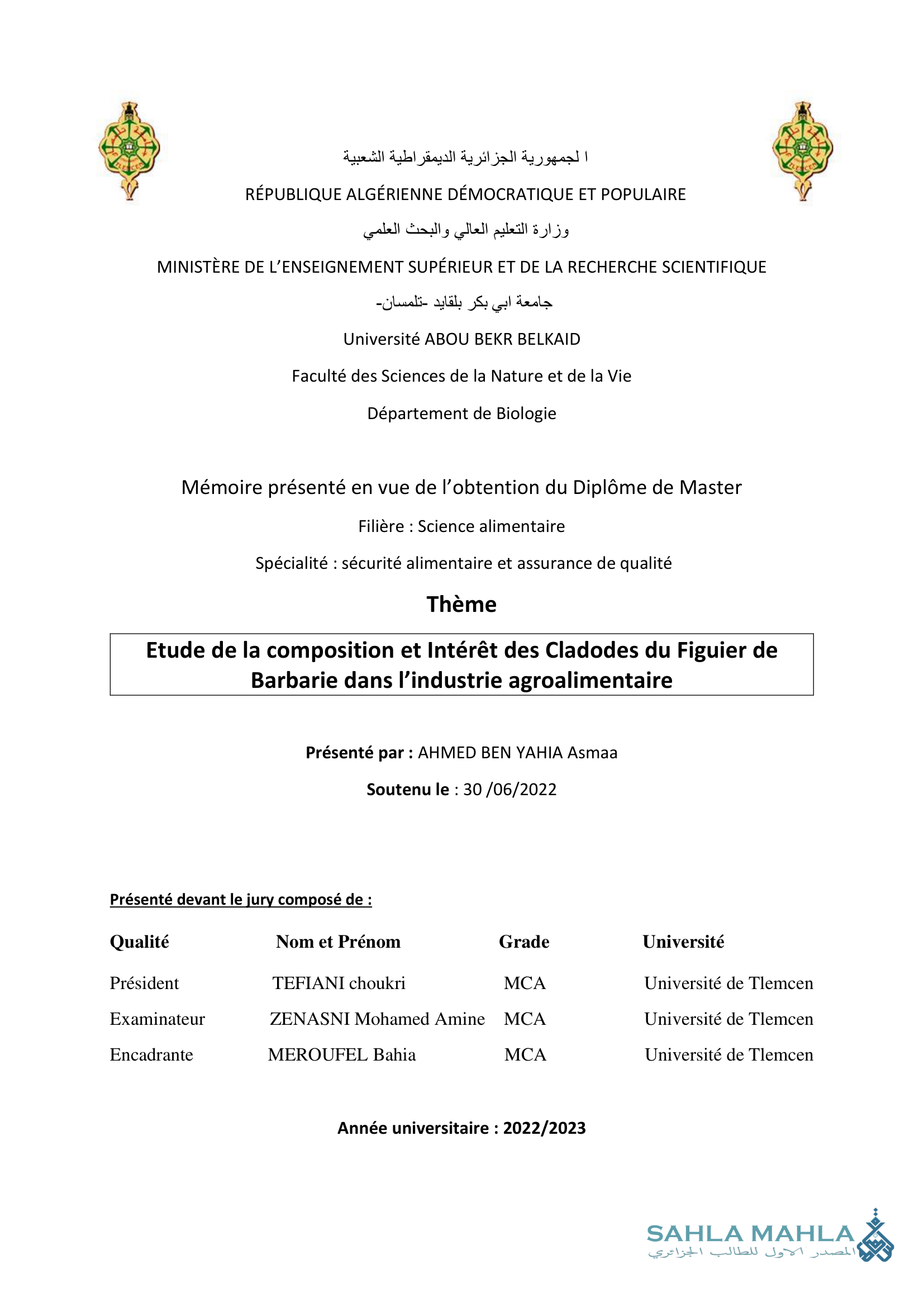 Etude de la composition et Intérêt des Cladodes du Figuier de Barbarie dans l'industrie agroalimentaire
