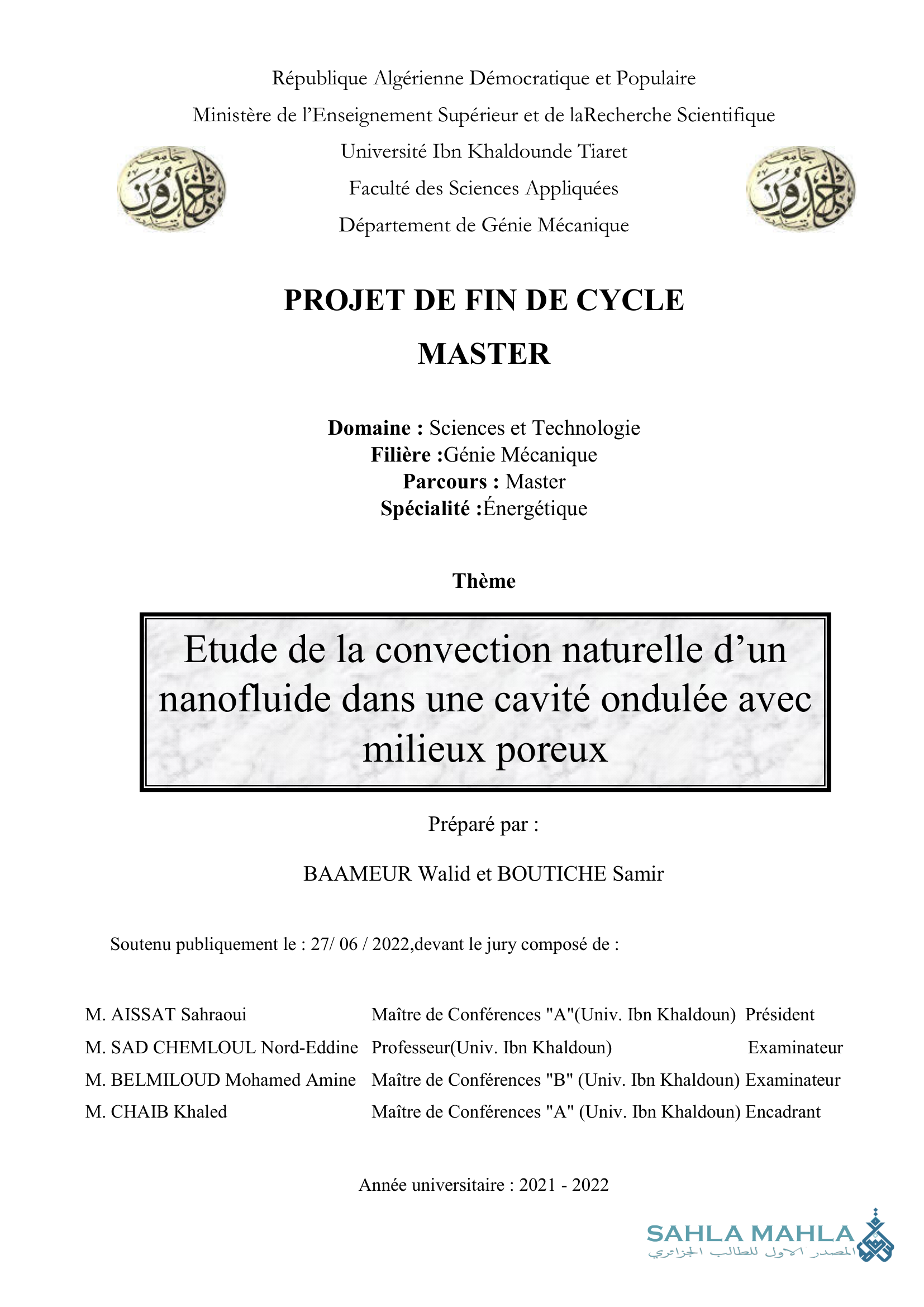 Etude de la convection naturelle d'un nanofluide dans une cavité ondulée avec milieux poreux