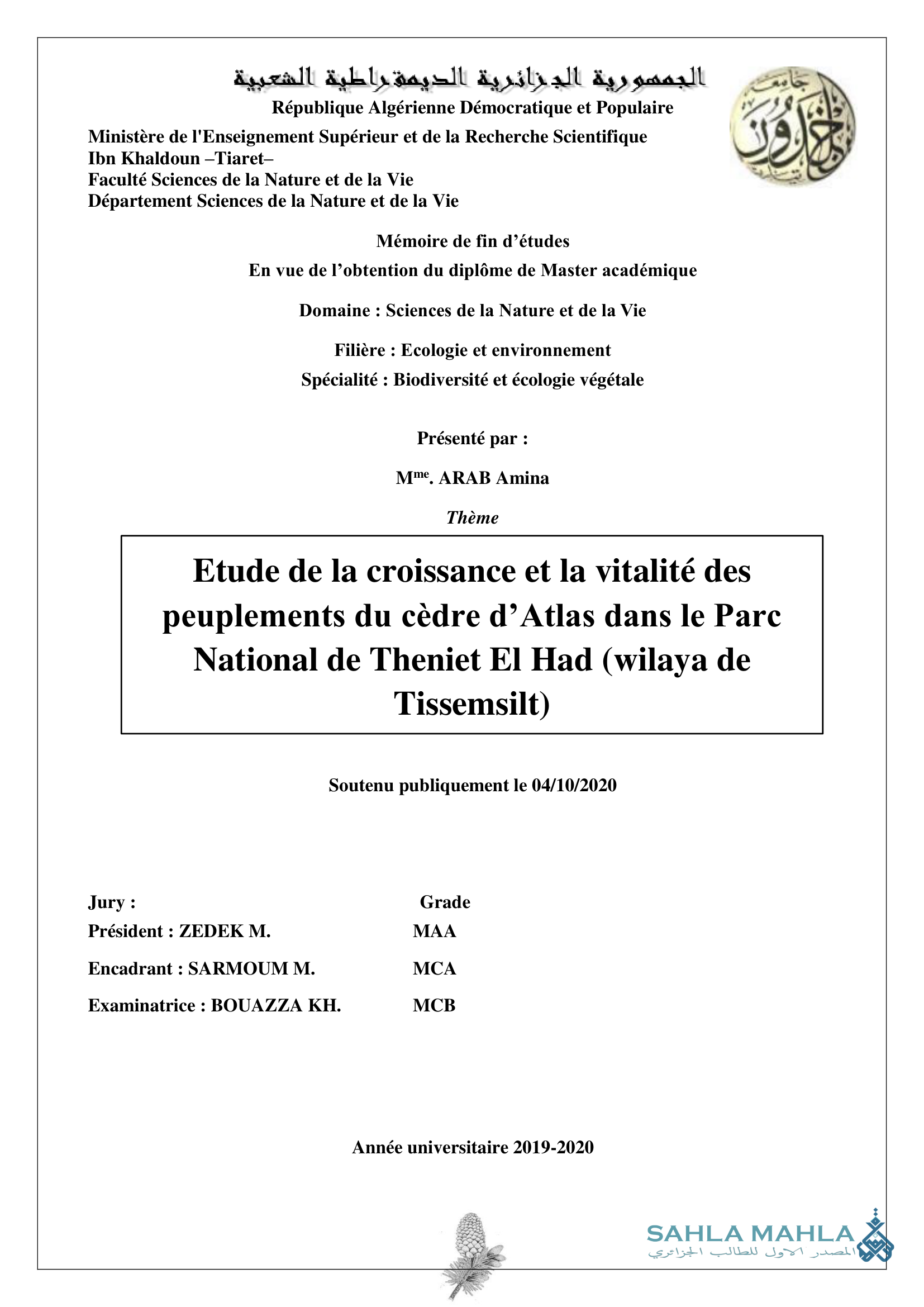 Etude de la croissance et la vitalité des peuplements du cèdre d'Atlas dans le Parc National de Theniet El Had (wilaya de Tissemsilt)