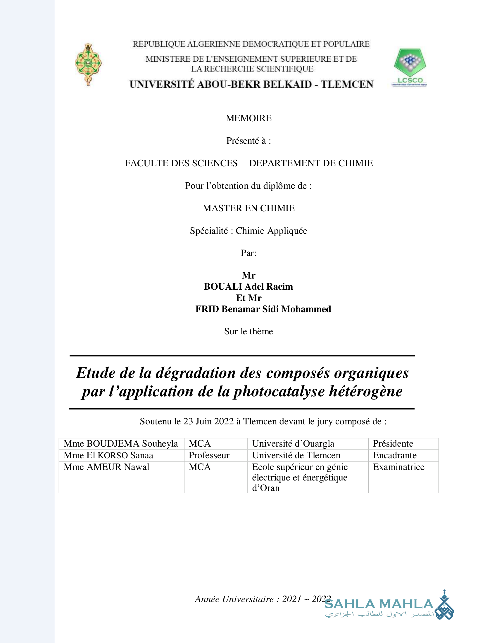 Etude de la dégradation des composés organiques par l'application de la photocatalyse hétérogène