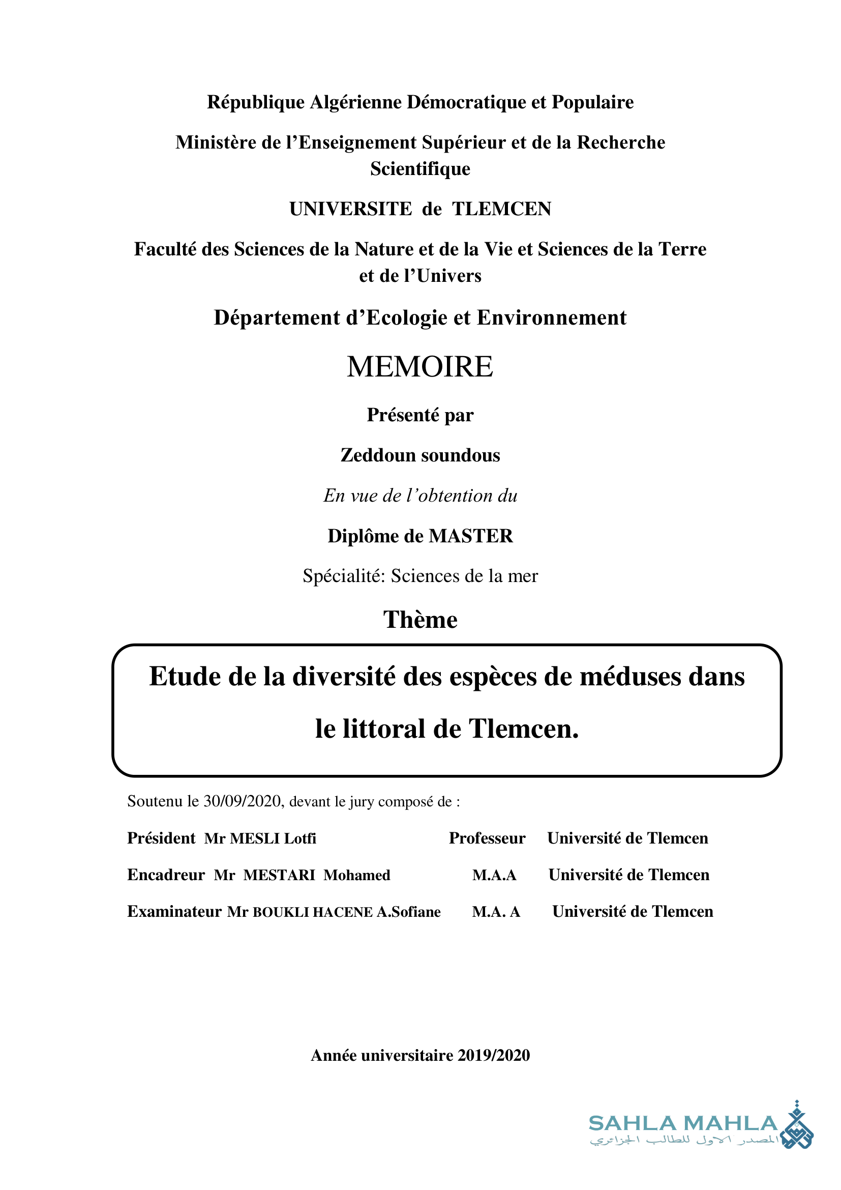 Etude de la diversité des espèces de méduses dans le littoral de Tlemcen.