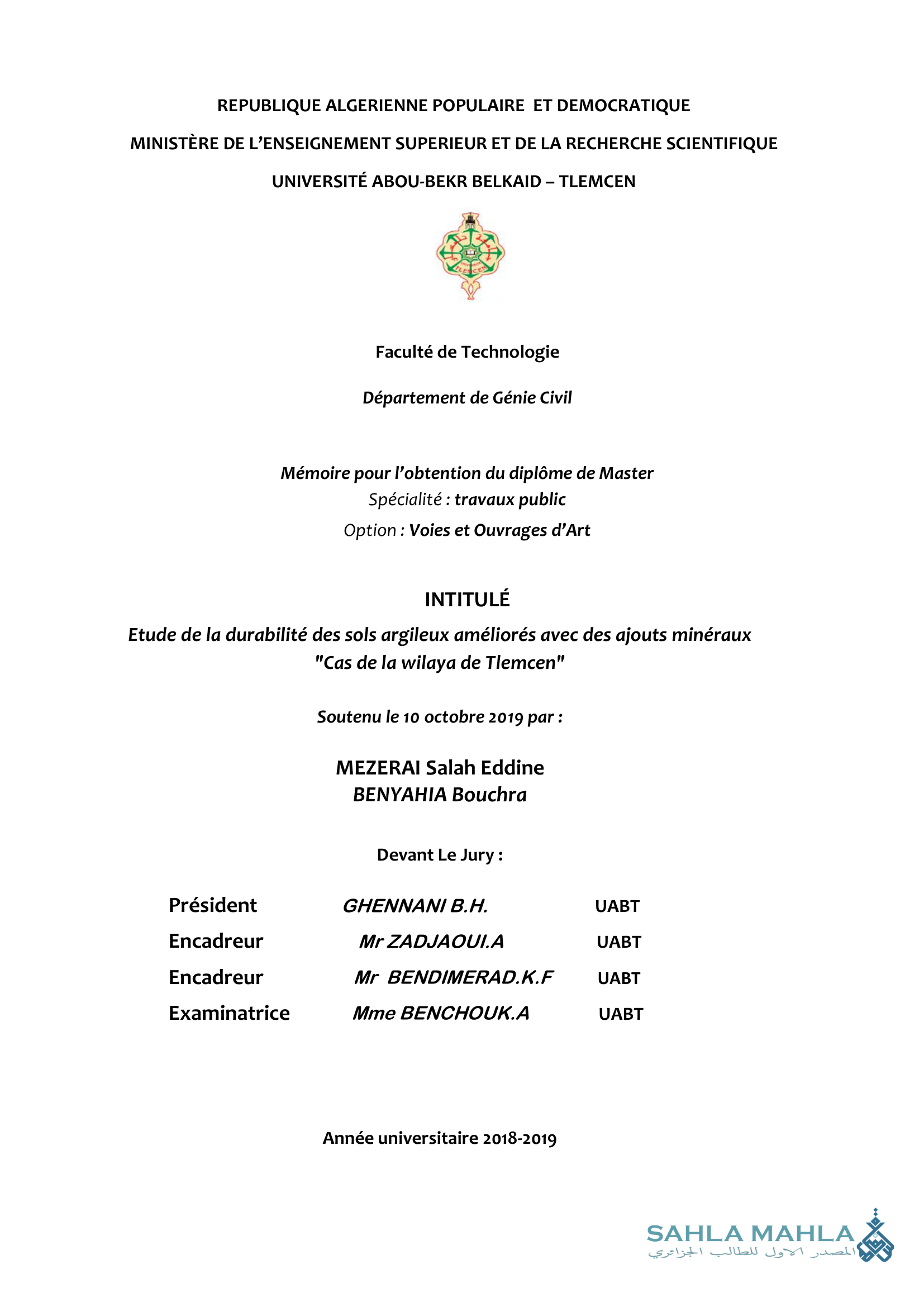 Etude de la durabilité des sols argileux améliorés avec des ajouts minéraux 