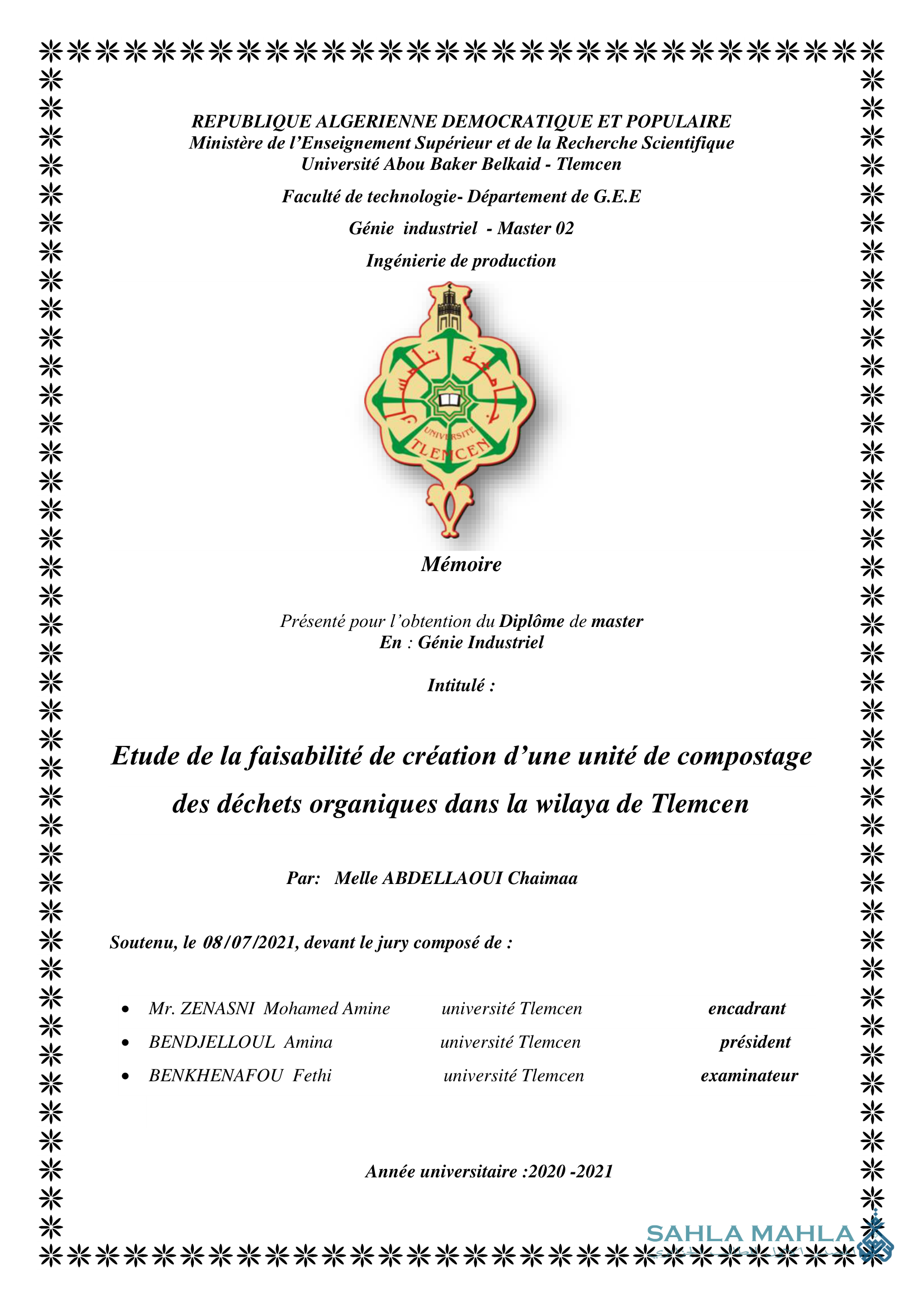 Etude de la faisabilité de création d'une unité de compostage des déchets organiques dans la wilaya de Tlemcen