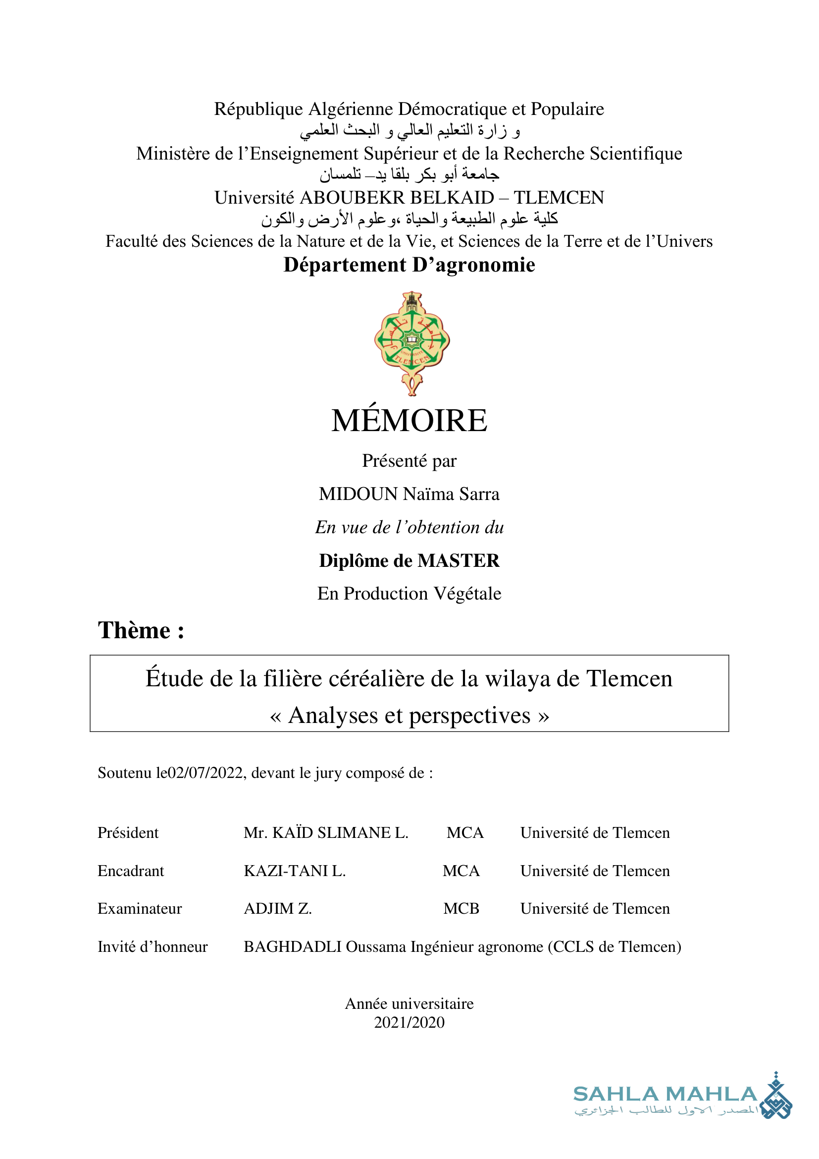 Étude de la filière céréalière de la wilaya de Tlemcen Analyses et perspectives