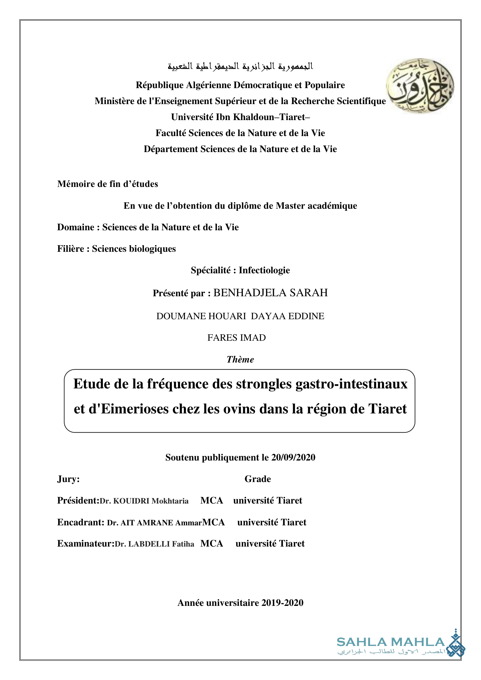 Etude de la fréquence des strongles gastro-intestinaux et d'Eimerioses chez les ovins dans la région de Tiaret