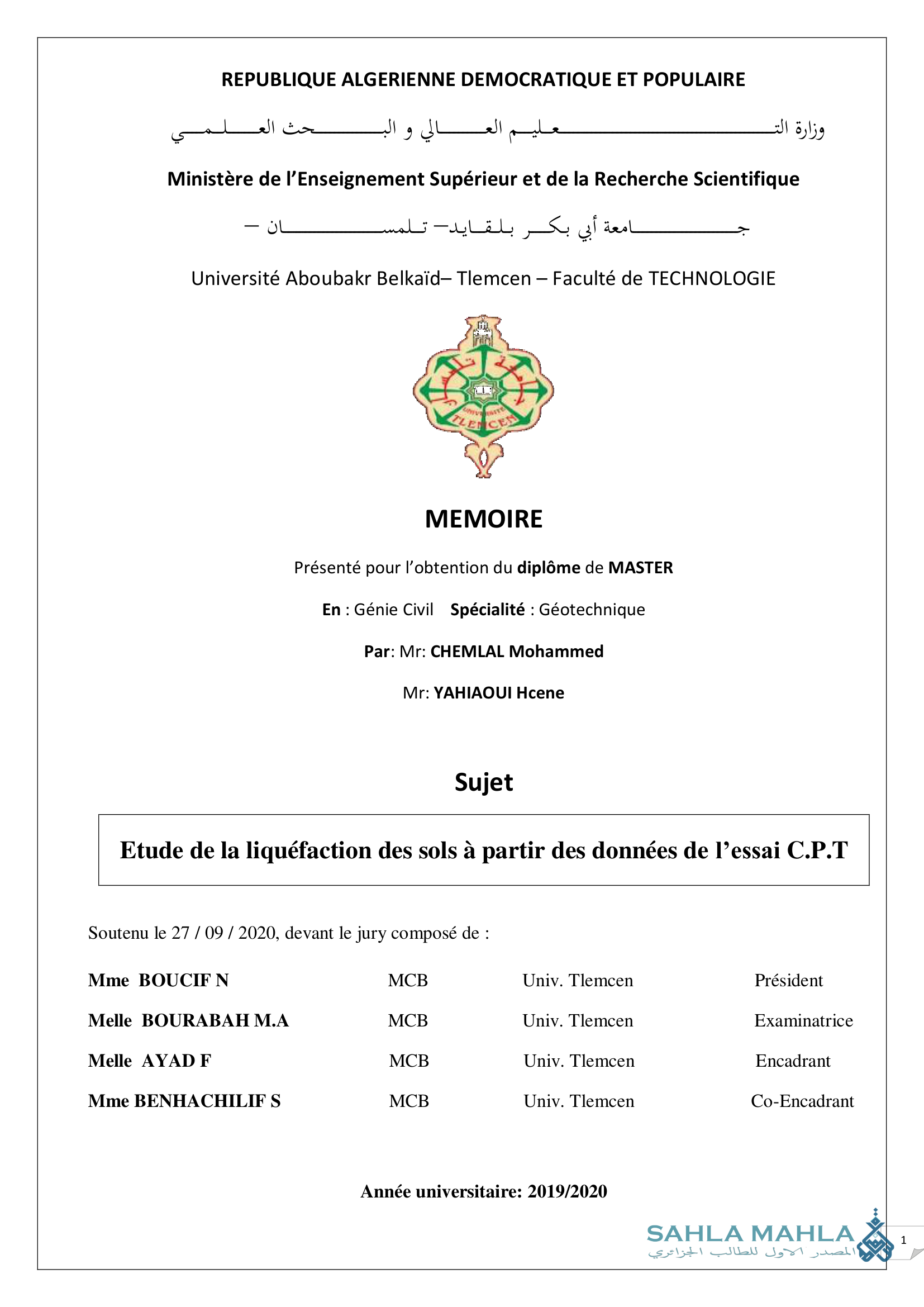 Etude de la liquéfaction des sols à partir des données de l'essai C.P.T