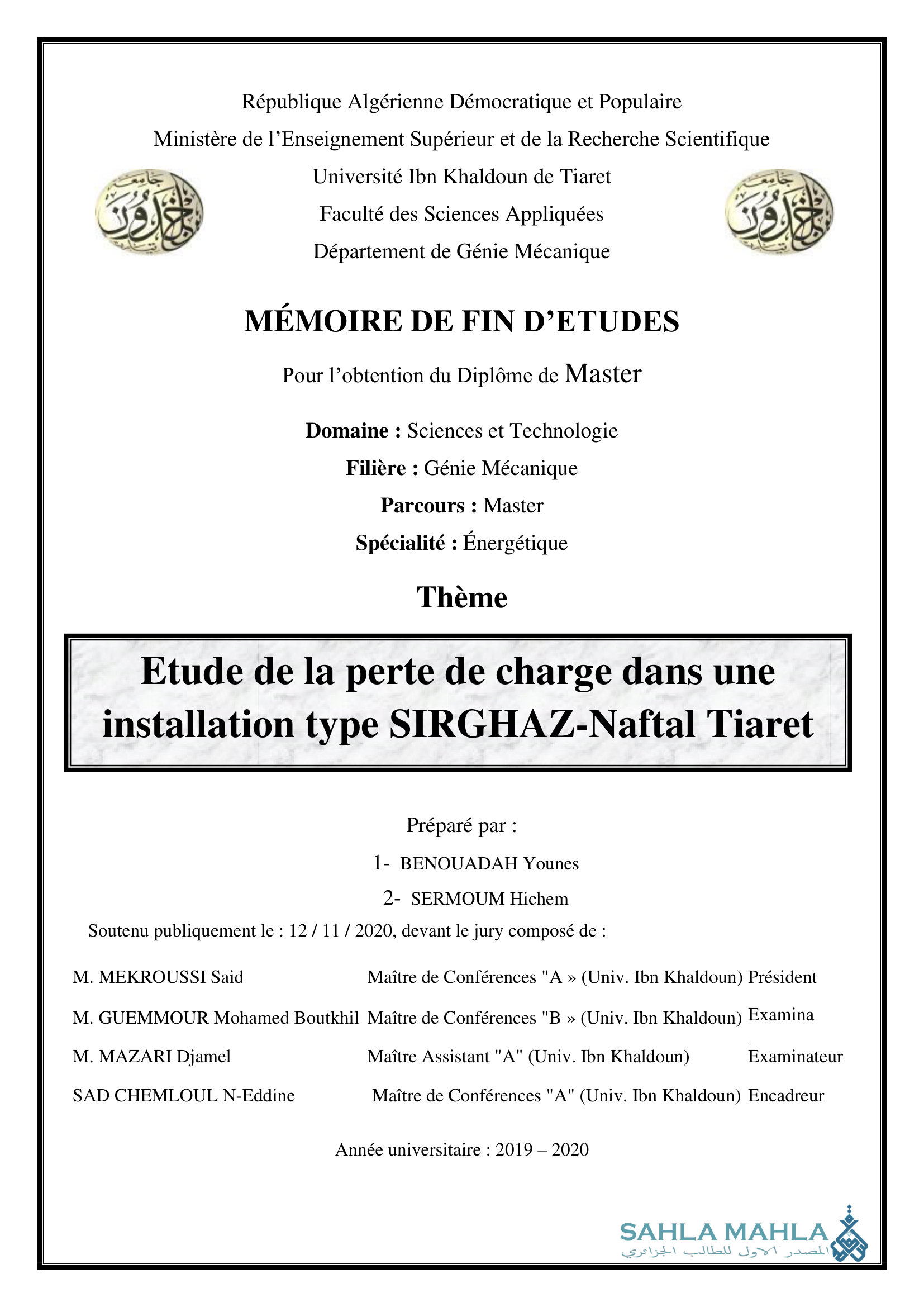 Etude de la perte de charge dans une installation type SIRGHAZ-Naftal Tiaret