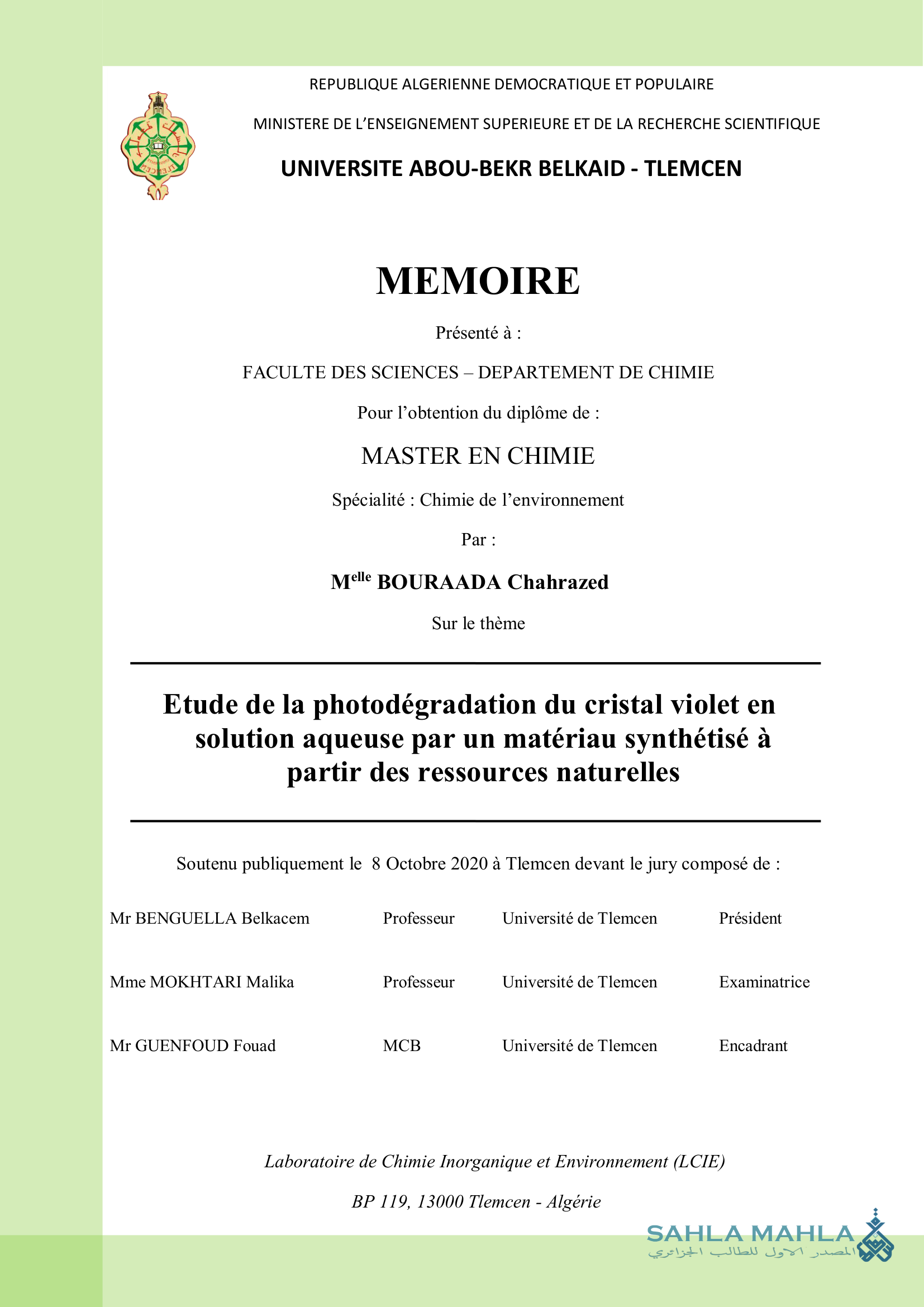 Etude de la photodégradation du cristal violet en solution aqueuse par un matériau synthétisé à partir des ressources naturelles
