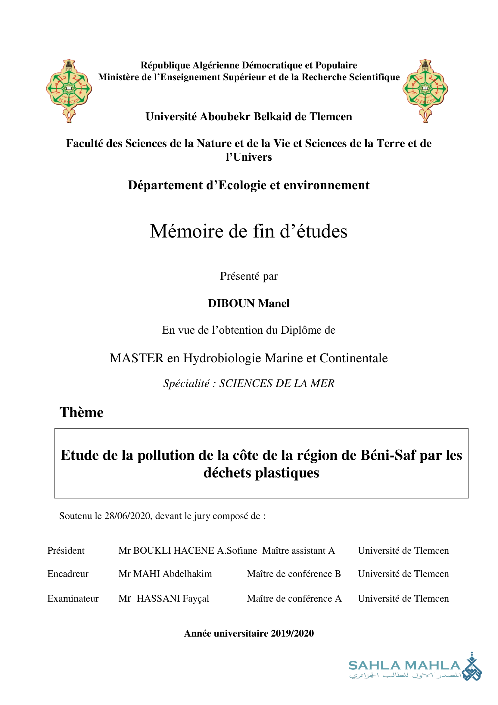 Etude de la pollution de la côte de la région de Béni-Saf par les déchets plastiques