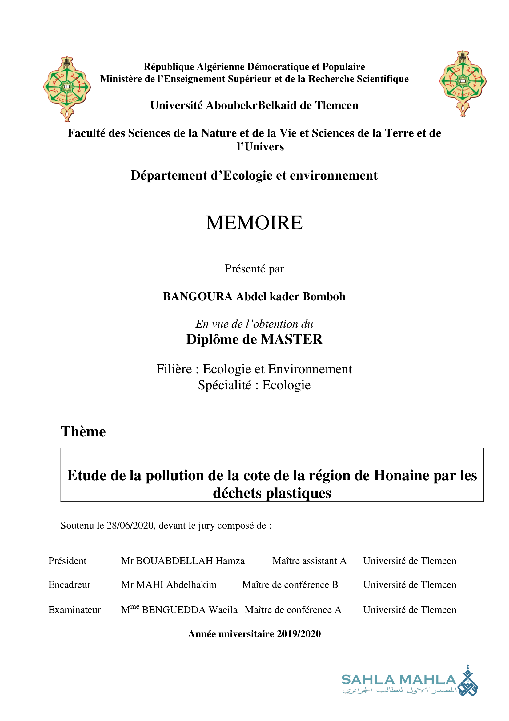 Etude de la pollution de la cote de la région de Honaine par les déchets plastiques