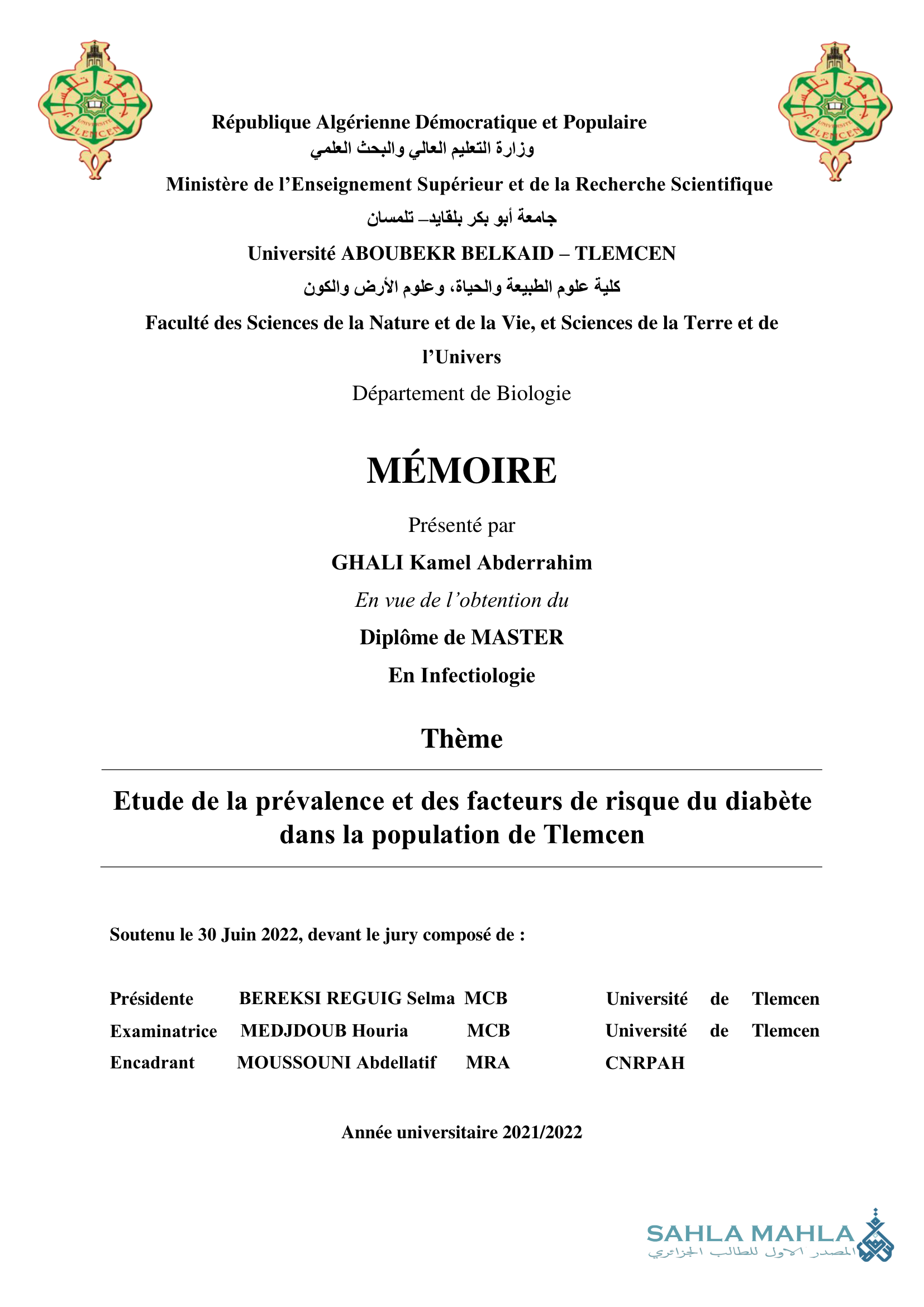Etude de la prévalence et des facteurs de risque du diabète dans la population de Tlemcen