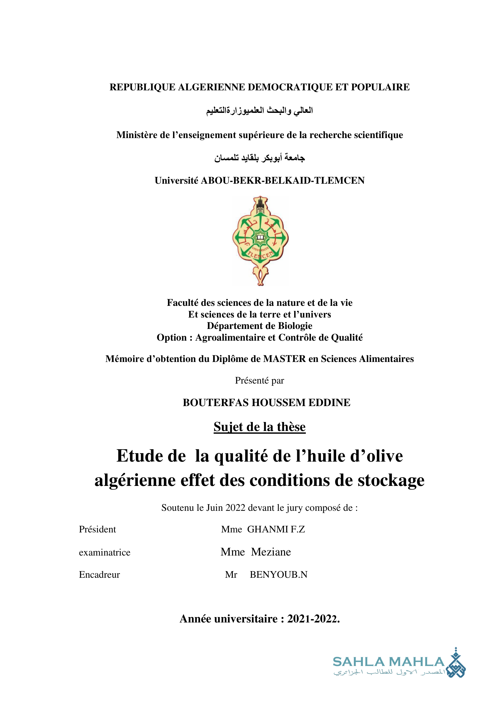 Etude de la qualité de l'huile d'olive algérienne effet des conditions de stockage