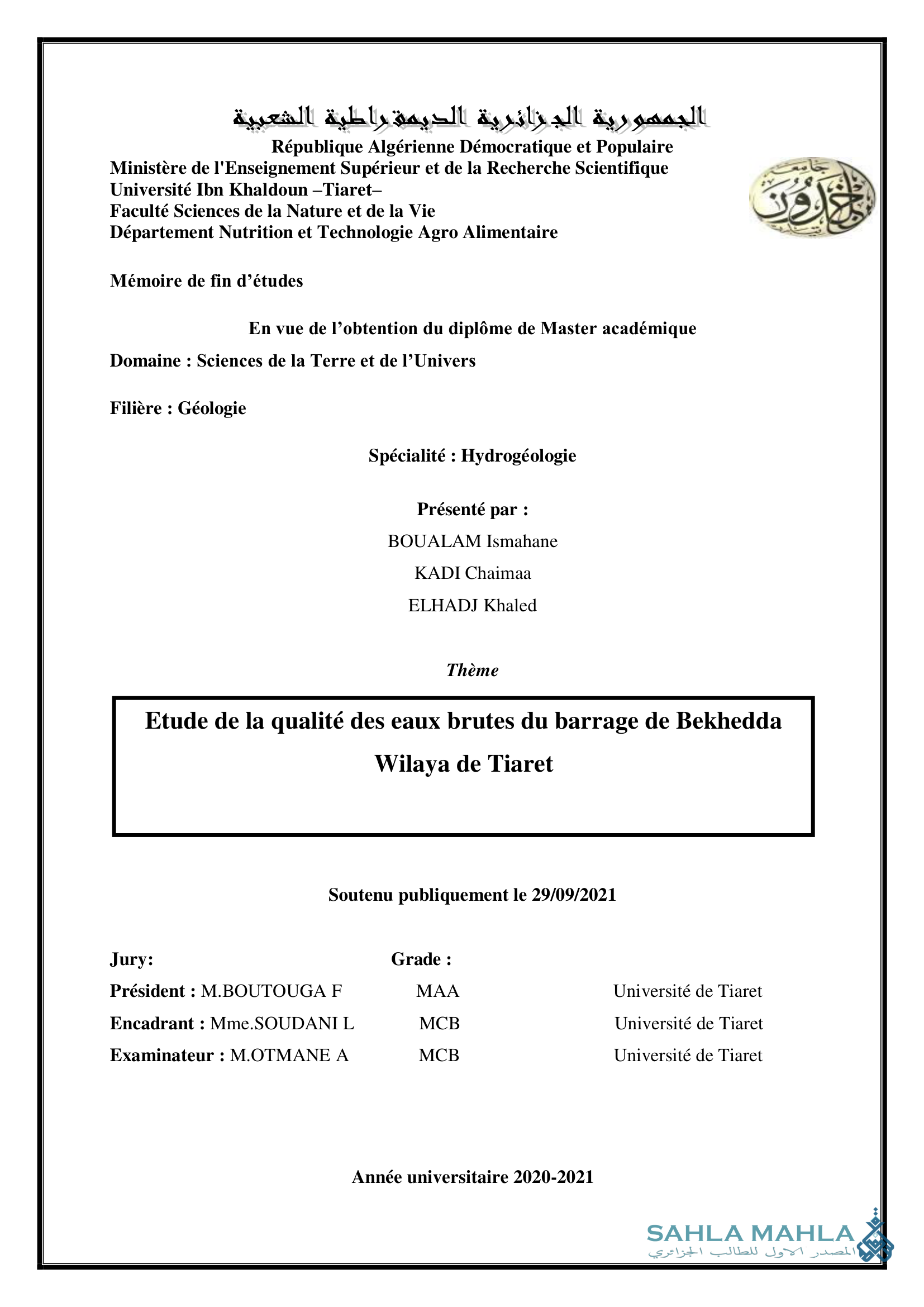 Etude de la qualité des eaux brutes du barrage de Bekhedda, Wilaya de Tiaret