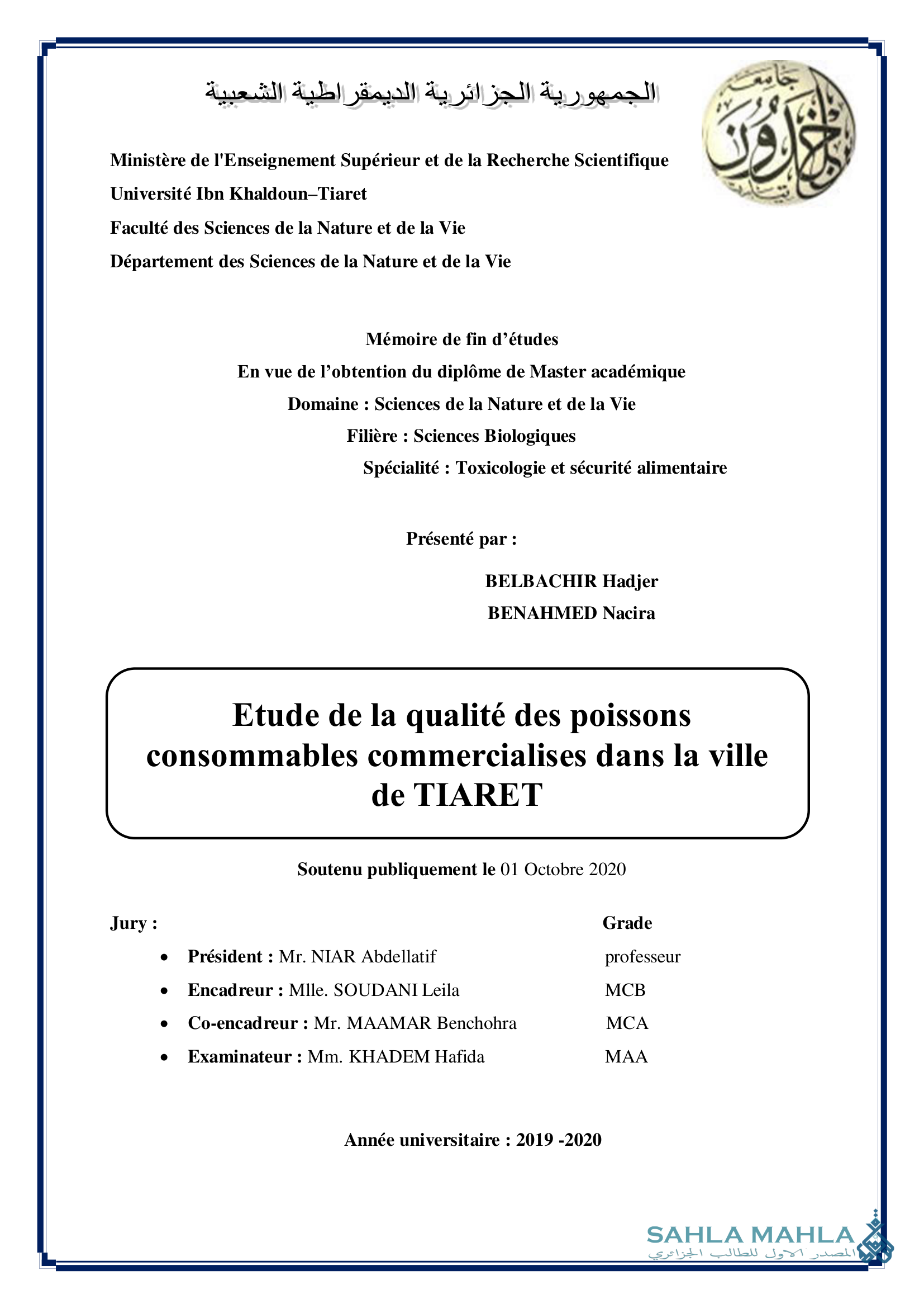 Etude de la qualité des poissons consommables commercialises dans la ville de TIARET