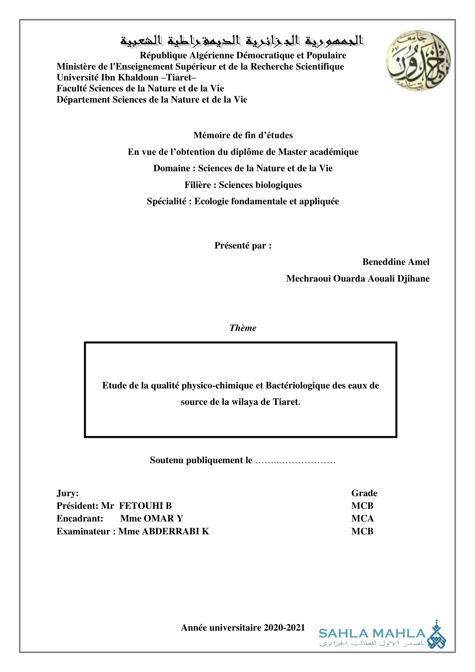 Etude de la qualité physico-chimique et Bactériologique des eaux de source de la wilaya de Tiaret.