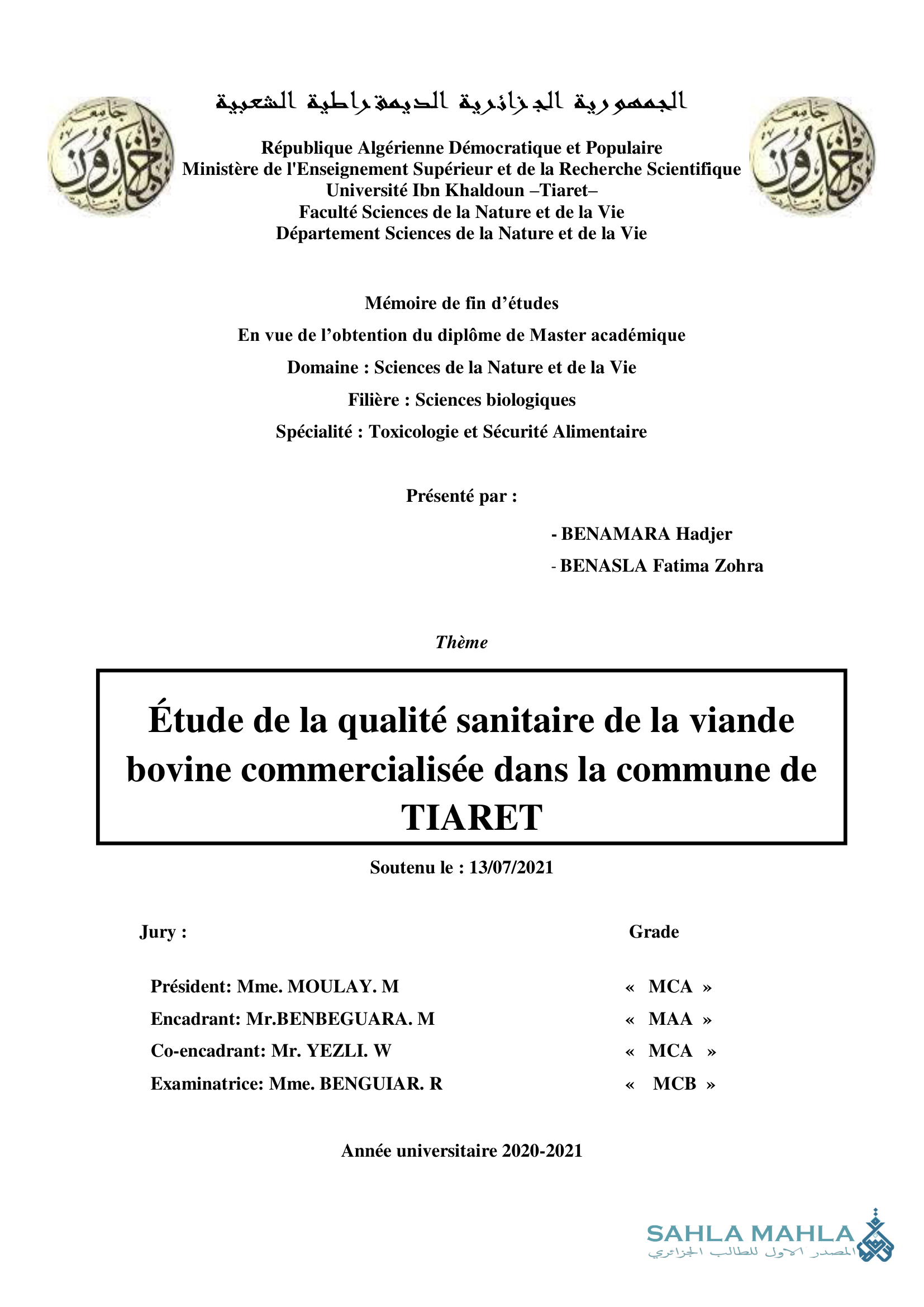 Étude de la qualité sanitaire de la viande bovine commercialisée dans la commune de TIARET