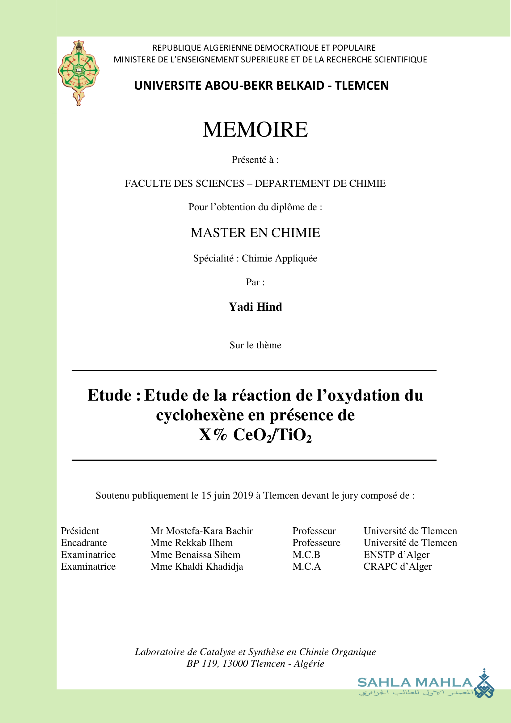 Etude de la réaction de l'oxydation du cyclohexène en présence de X% CeO2/TiO2