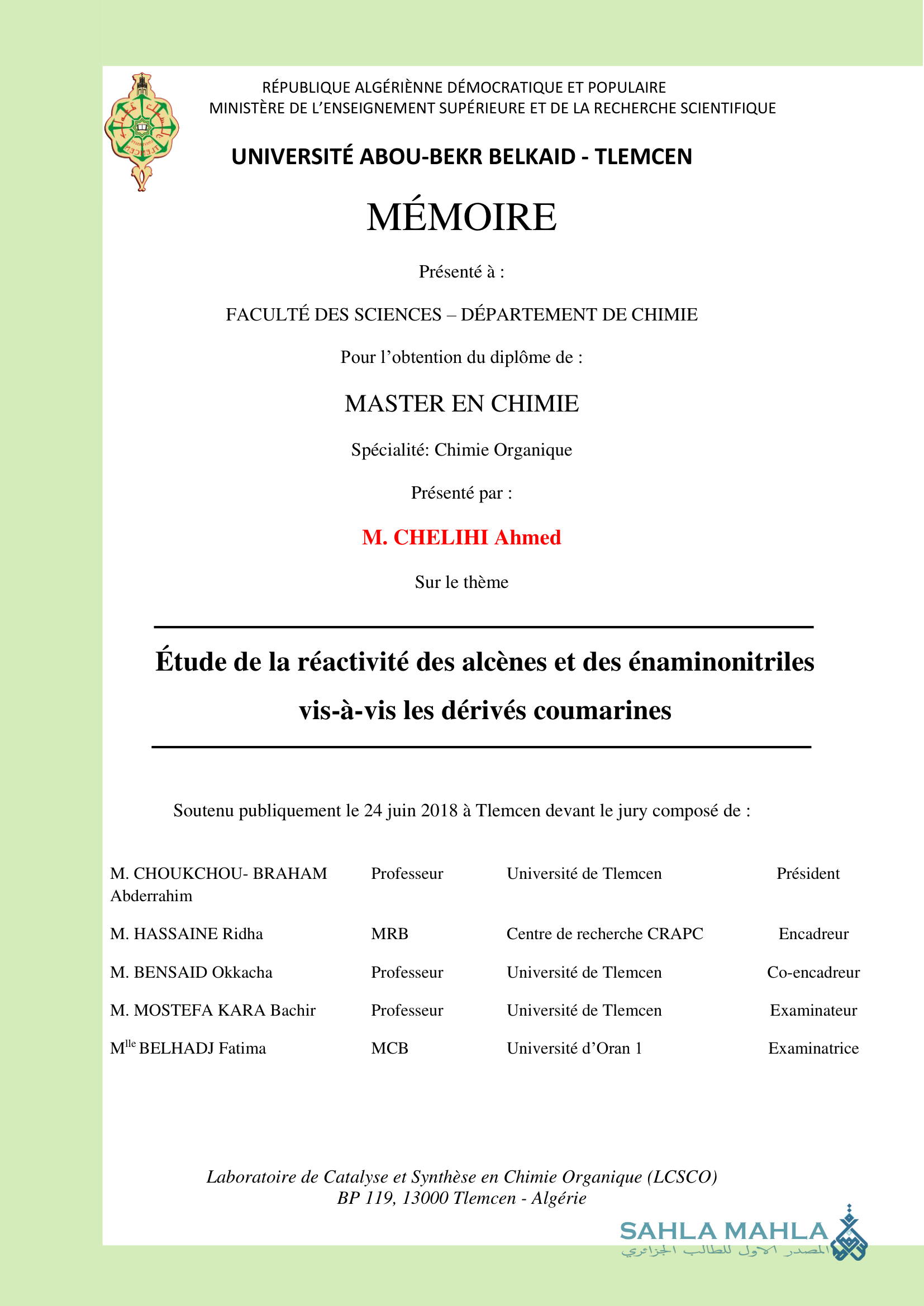 Étude de la réactivité des alcènes et des énaminonitriles vis-à-vis les dérivés coumarines