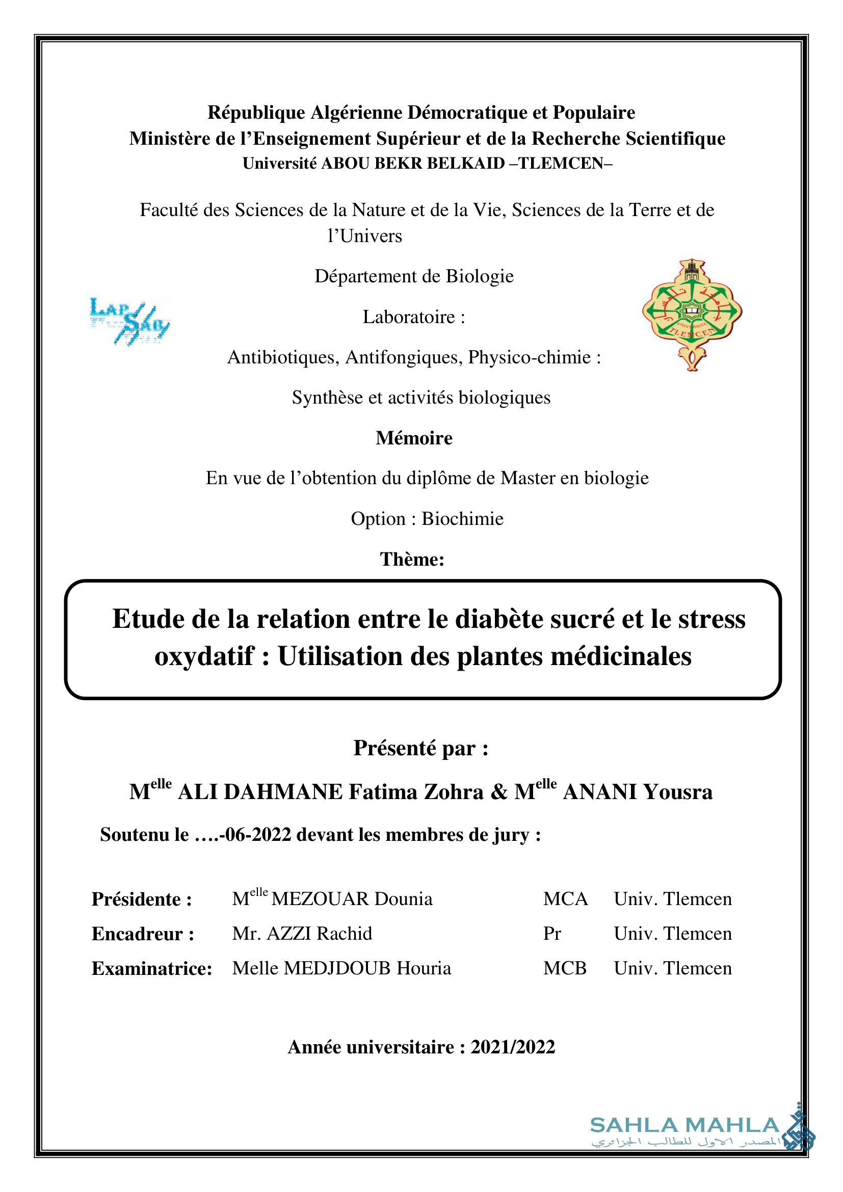 Etude de la relation entre le diabète sucré et le stress oxydatif : Utilisation des plantes médicinales