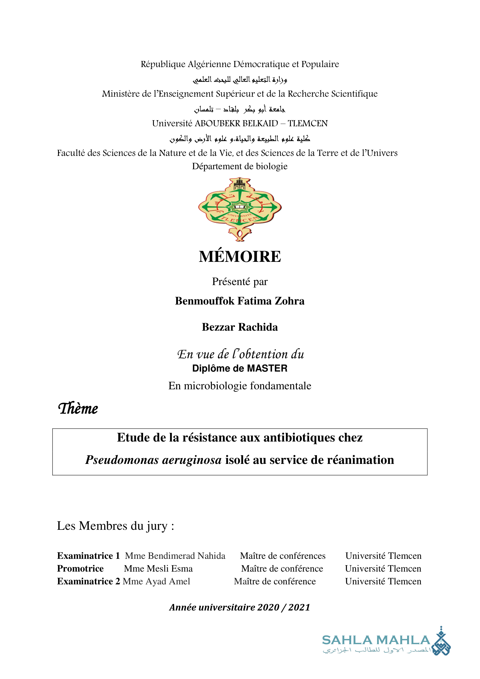 Etude de la résistance aux antibiotiques chez Pseudomonas aeruginosa isolé au service de réanimation