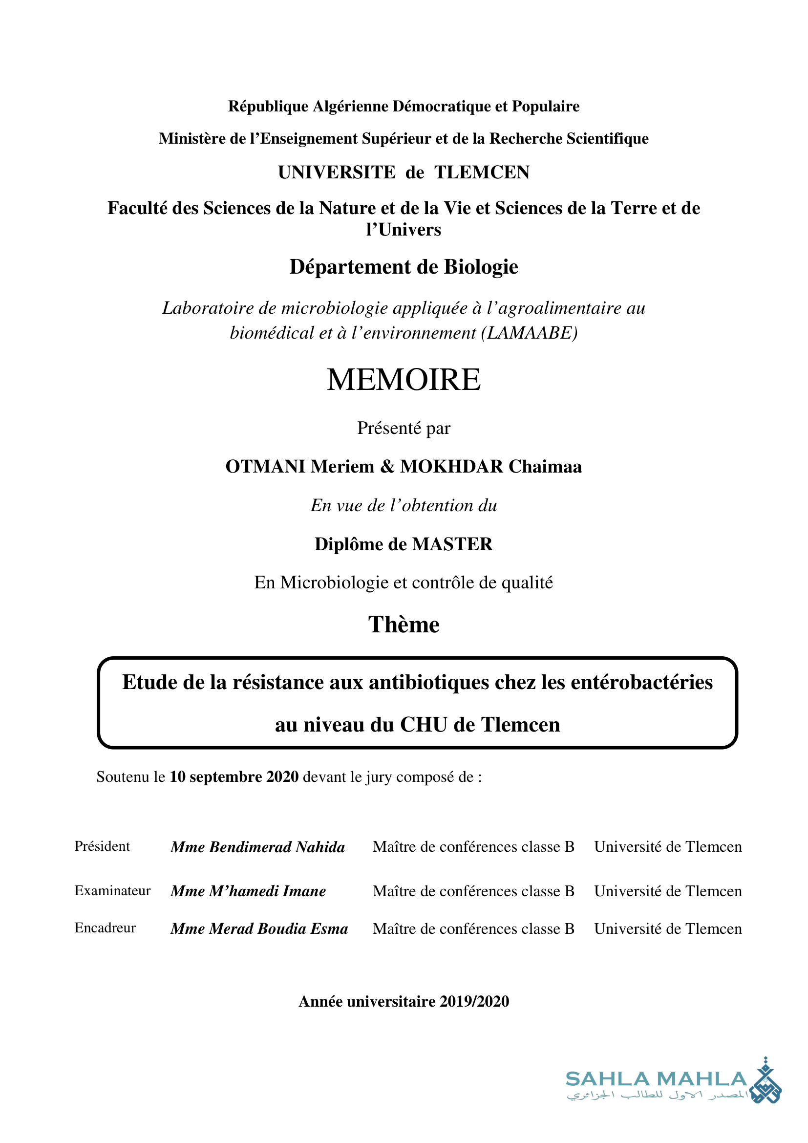 Etude de la résistance aux antibiotiques chez les entérobactéries au niveau du CHU de Tlemcen