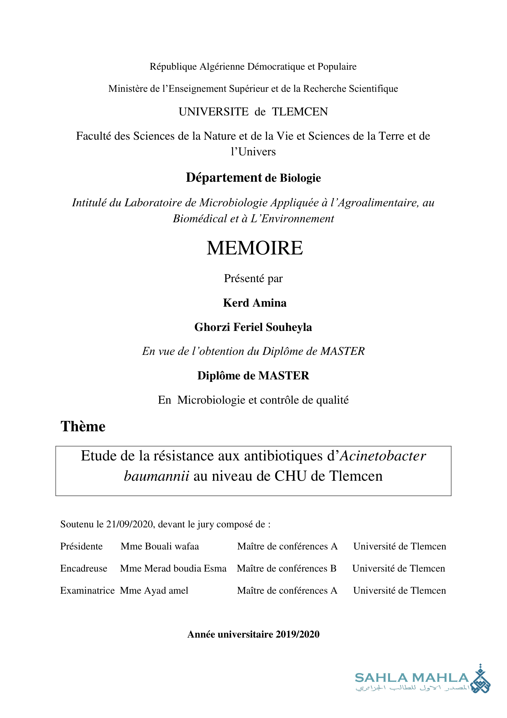 Etude de la résistance aux antibiotiques d'Acinetobacter baumannii au niveau de CHU de Tlemcen