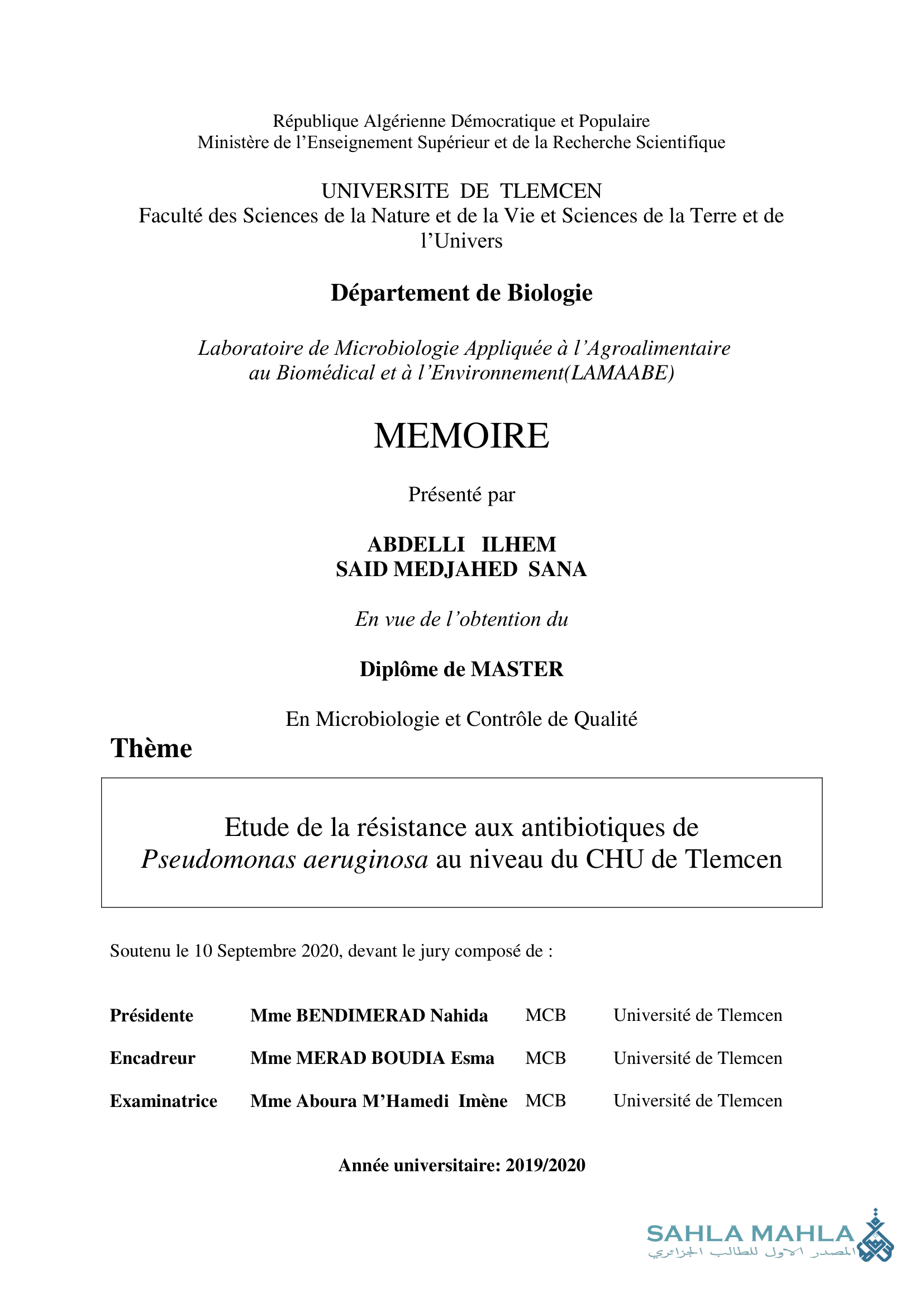 Etude de la résistance aux antibiotiques de Pseudomonas aeruginosa au niveau du CHU de Tlemcen