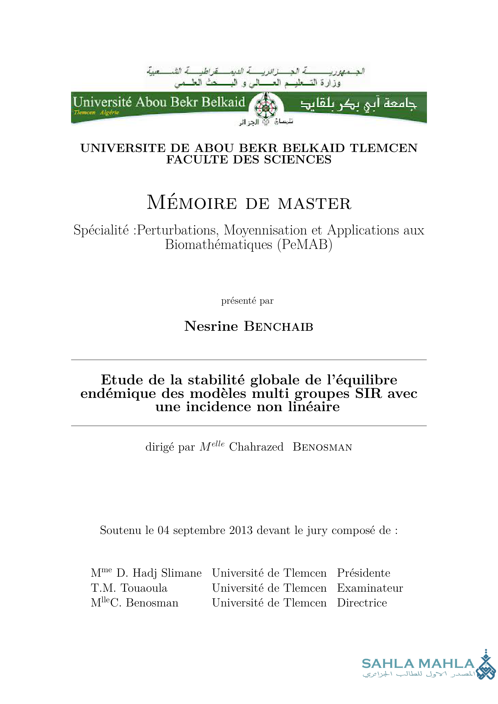 Etude de la stabilité globale de l'équilibre endémique des modèles multi groupes SIR avec une incidence non linéaire