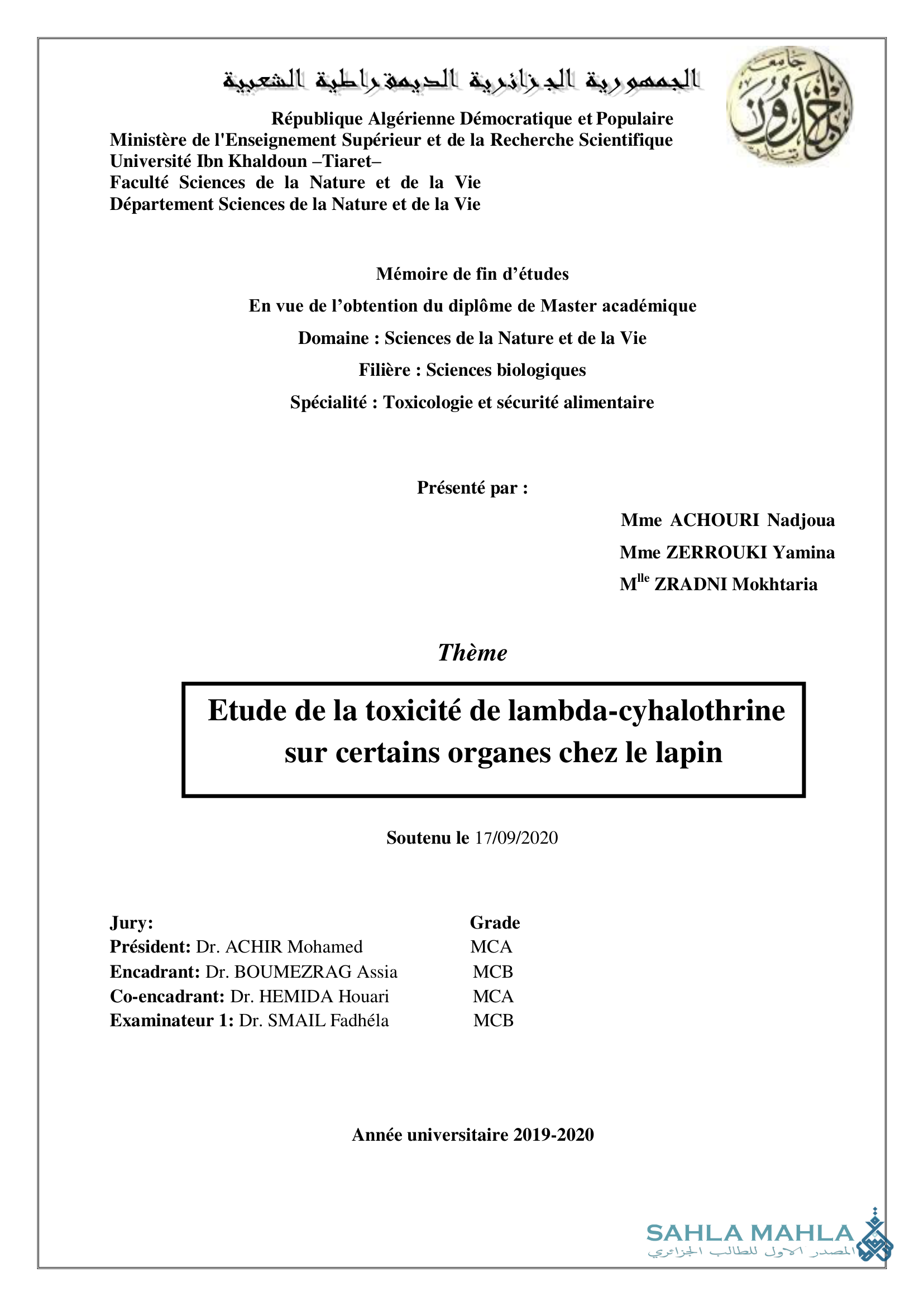 Etude de la toxicité de lambda-cyhalothrine sur certains organes chez le lapin