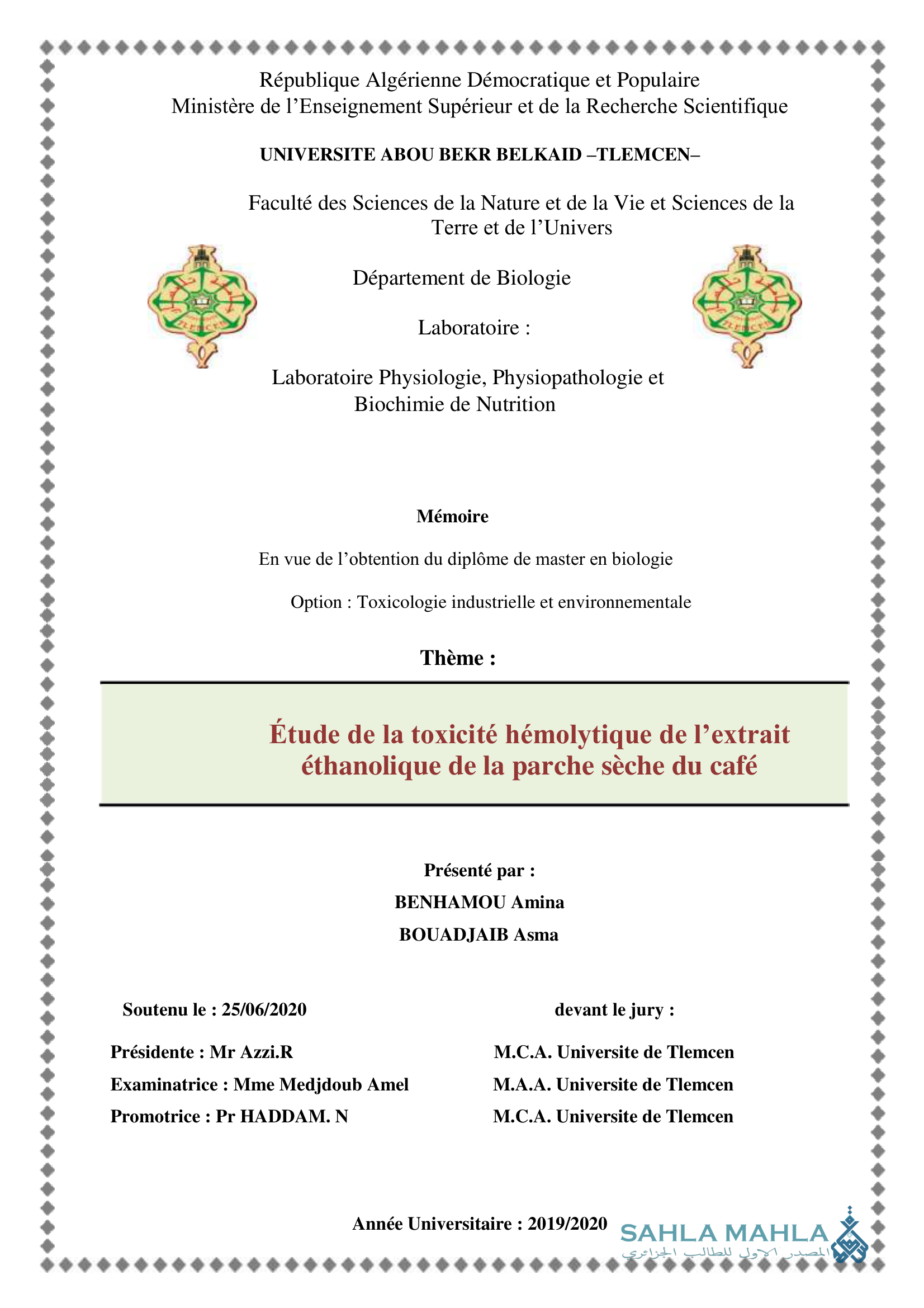 Étude de la toxicité hémolytique de l'extrait éthanolique de la parche sèche du café