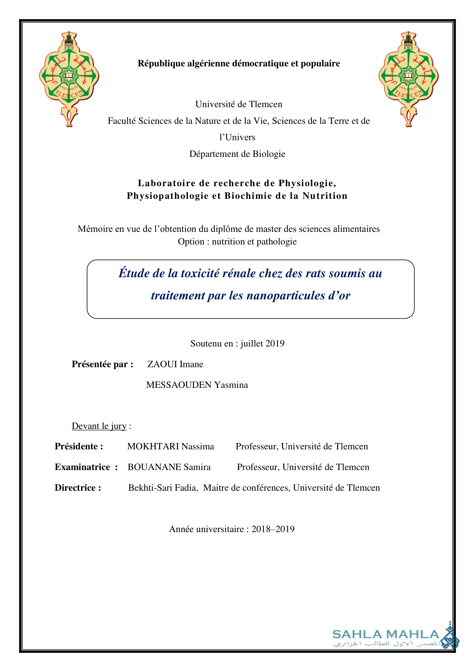 Étude de la toxicité rénale chez des rats soumis au traitement par les nanoparticules d'or