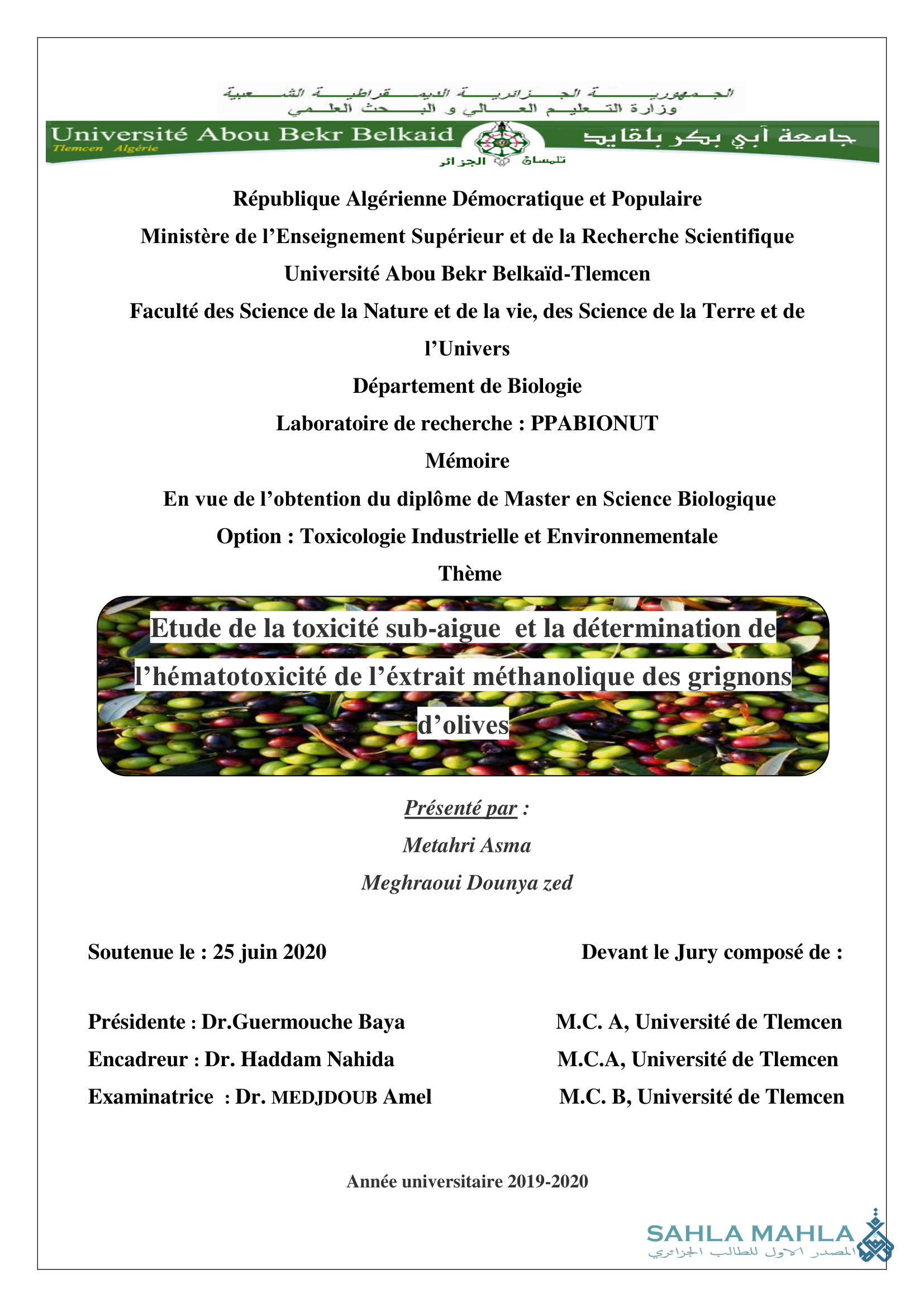 Etude de la toxicité sub-aigue et la détermination de l'hématotoxicité de l'éxtrait méthanolique des grignons d'olives