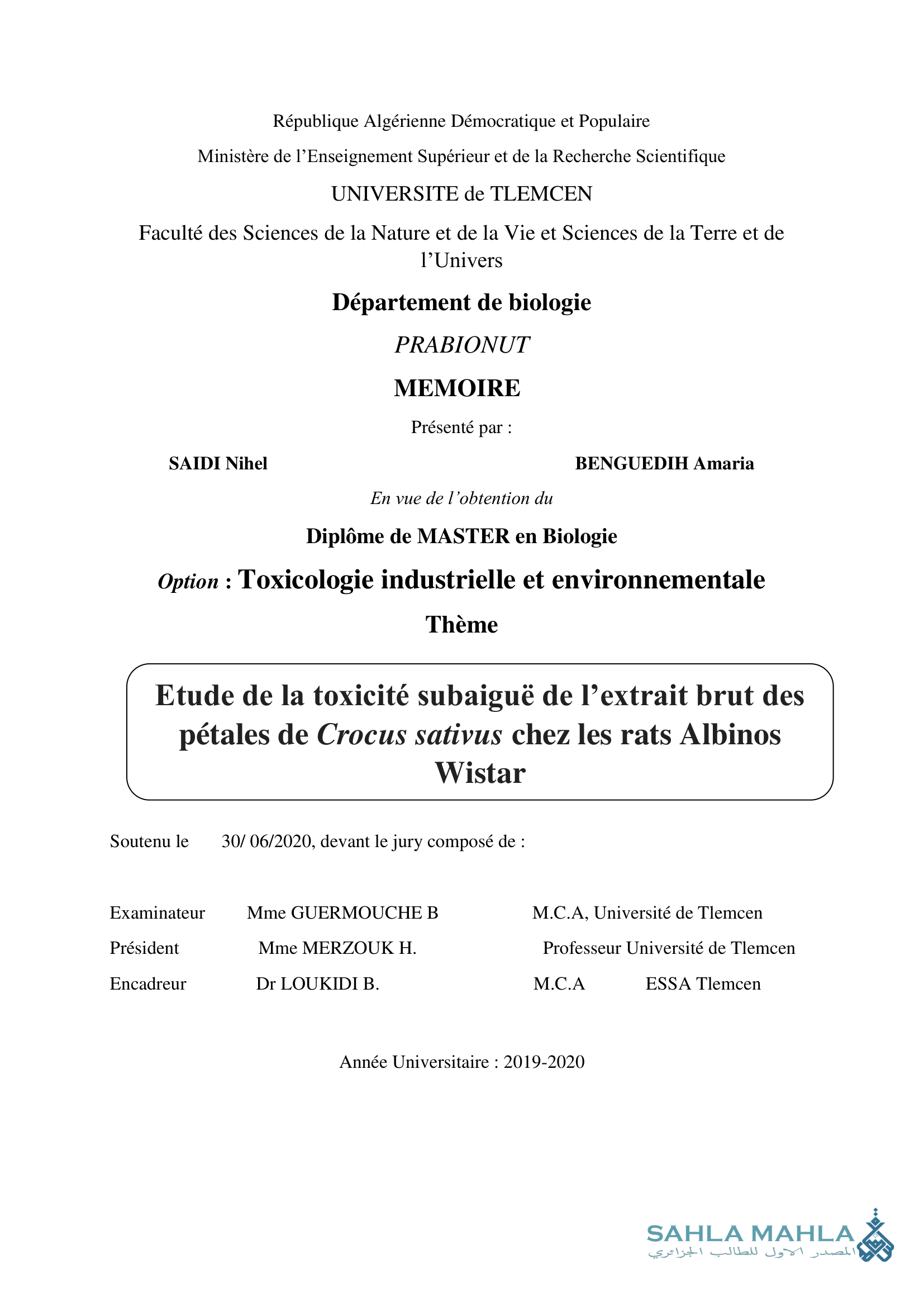 Etude de la toxicité subaiguë de l'extrait brut des pétales de Crocus sativus chez les rats Albinos Wistar