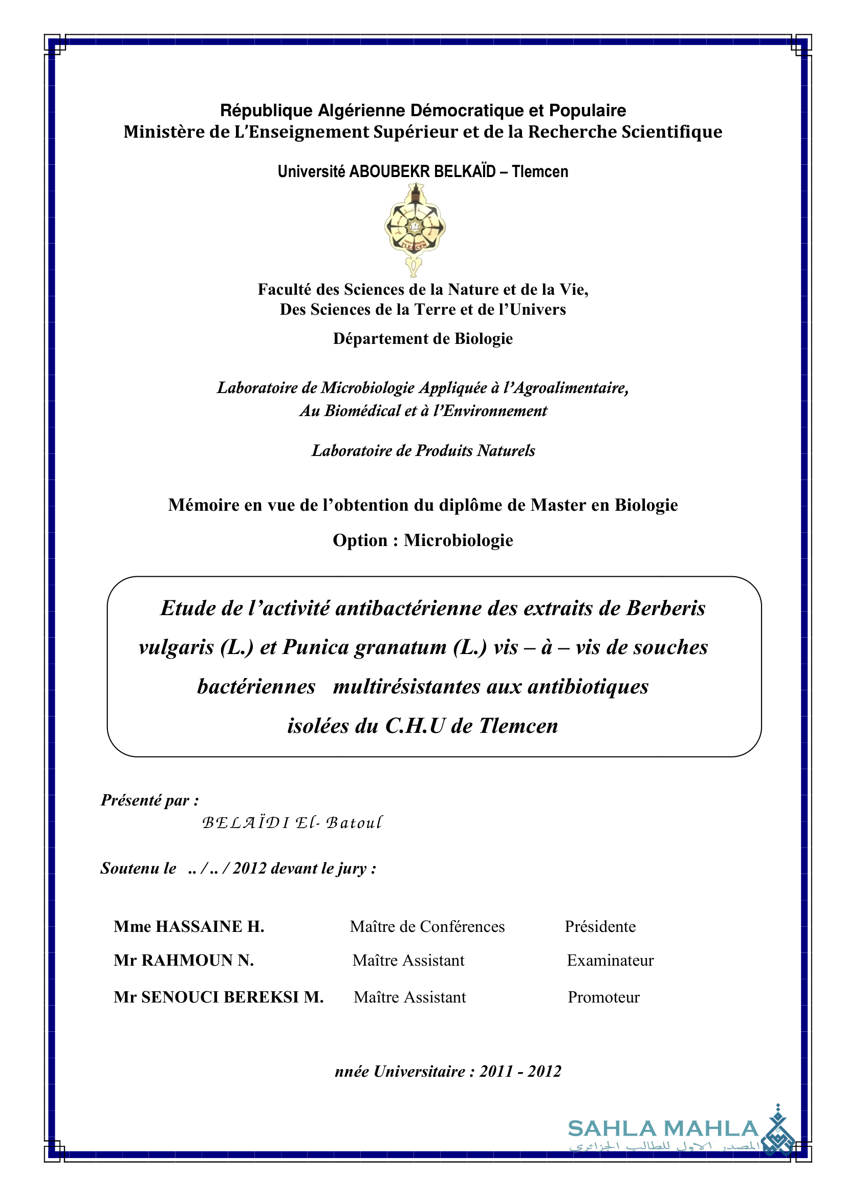 Etude de l'activité antibactérienne des extraits de Berberis vulgaris (L.) et Punica granatum (L.) vis-à-vis de souches bactériennes multirésistantes aux antibiotiques isolées du C.H.U de Tlemcen
