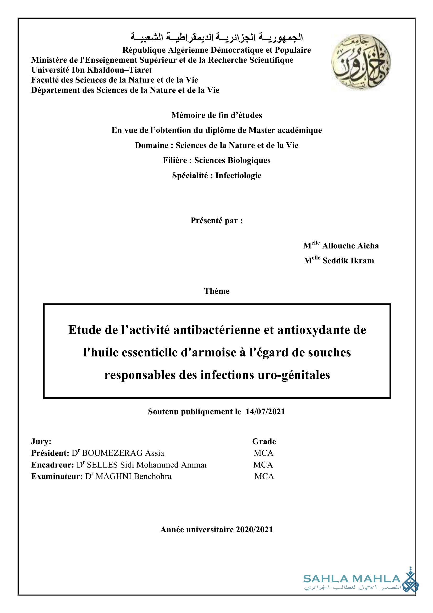 Etude de l'activité antibactérienne et antioxydante de l'huile essentielle d'armoise à l'égard de souches responsables des infections uro-génitales